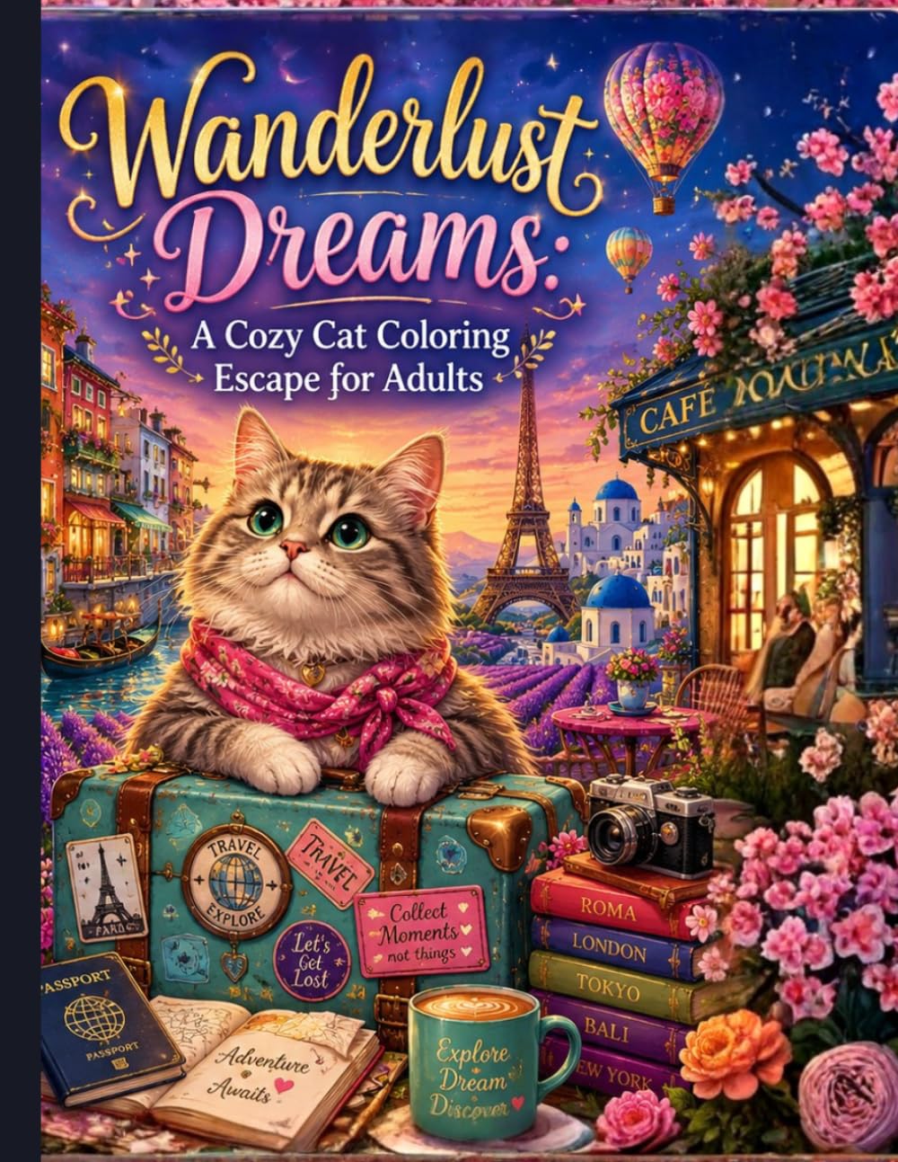 Wanderlust Dreams: A Cozy Cat Coloring Escape for Adults