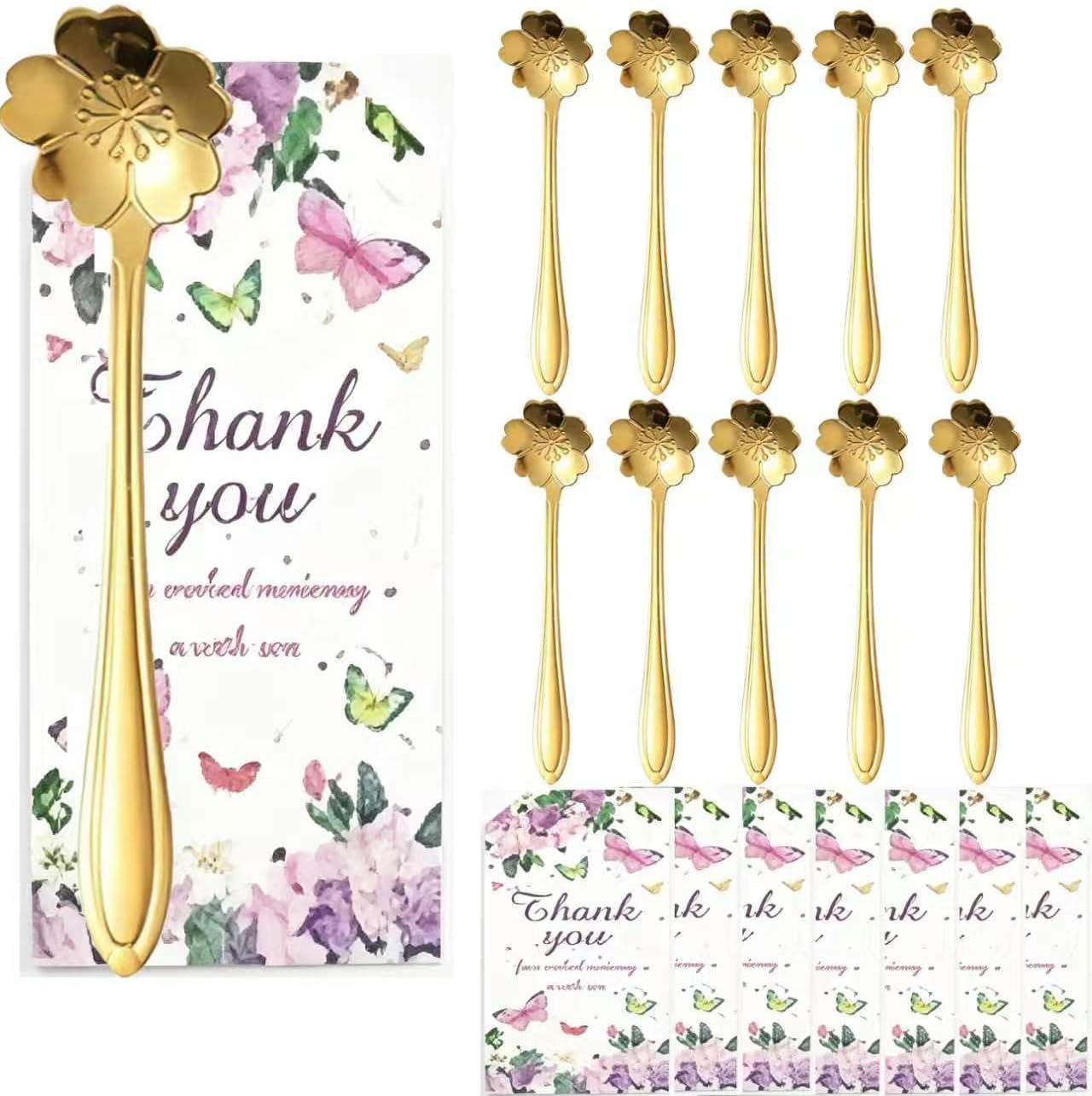 48 Set Tea Spoon Party Favors Gold Flower Tea Spoons Bulk with Thank You Cards Gift Bags for Bridal Shower Party Wedding Souvenir Gift