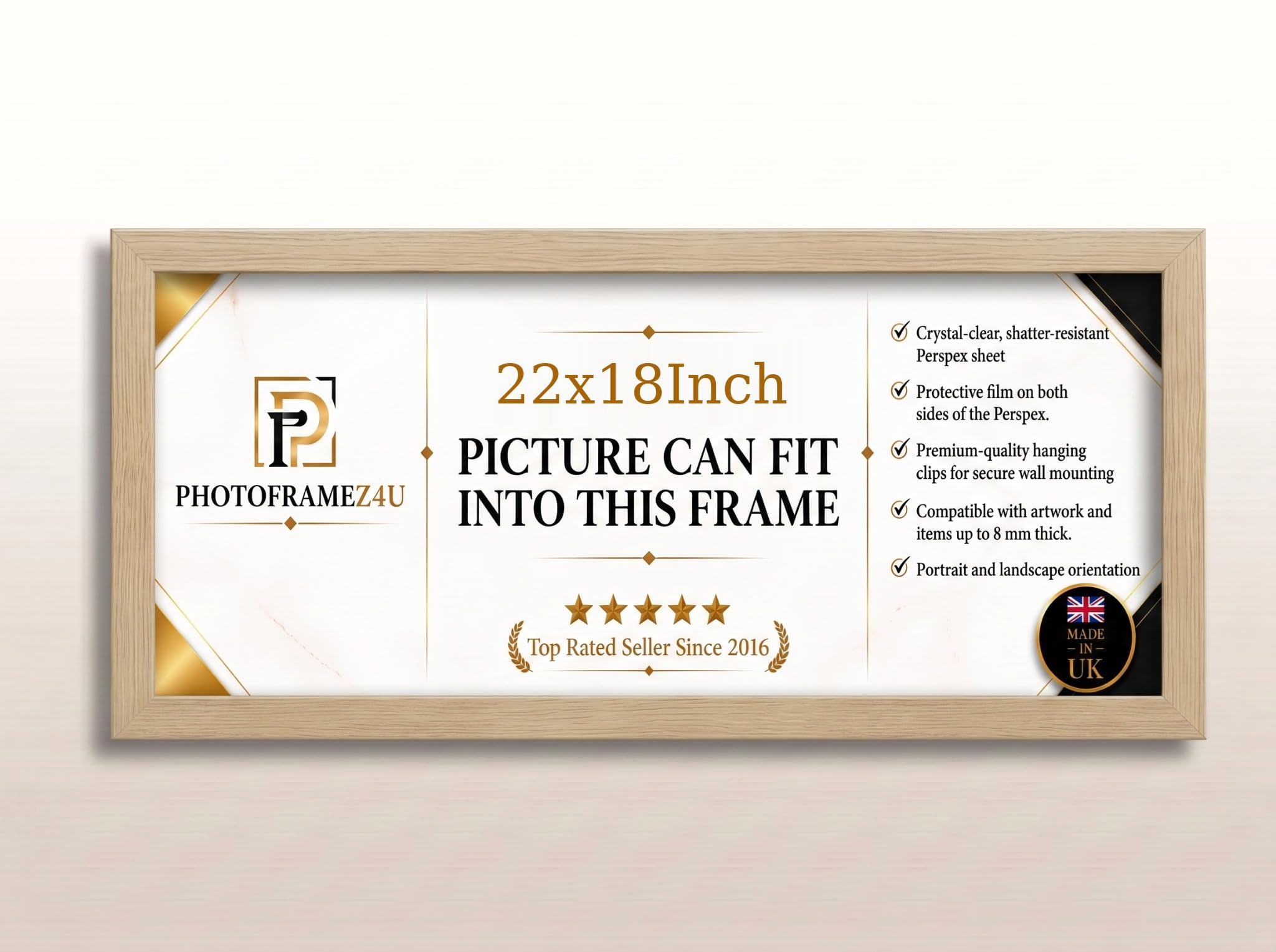 22x18 Inch Thin Panoramic Picture Frame | Oak Panoramic Photo Frame & Poster Frame for Pictures, Photos, Documents, Jigsaw Puzzles, Artwork | Landscape or portrait Wall Mount Display