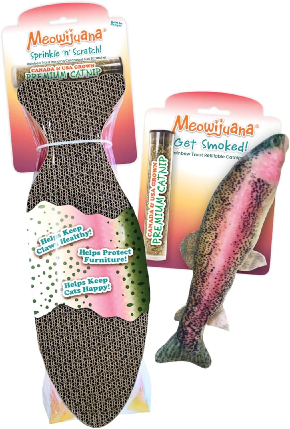 Meowijuana Purrfect Pairings Sprinkle 'n' Scratch Rainbow Trout Hanging Cardboard Cat Scratching Post and Get Smoked Rainbow Trout Toy | Refillable Interactive Catnip Toy
