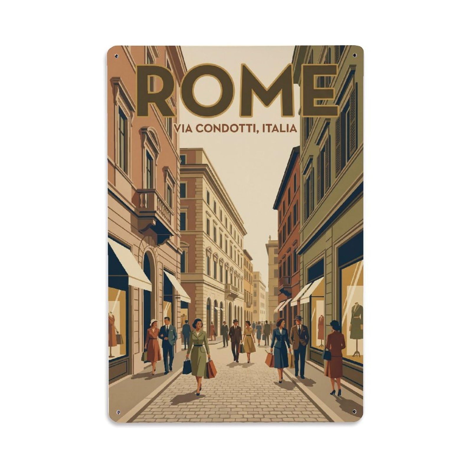 Vintage Travel Rome Via Condotti Elegant Shopping Street Italy Metal Tin Sign Plaque Wall Decor for Cafe, Club Bar, Office, Home Garden Metal Poster 8x12Inch