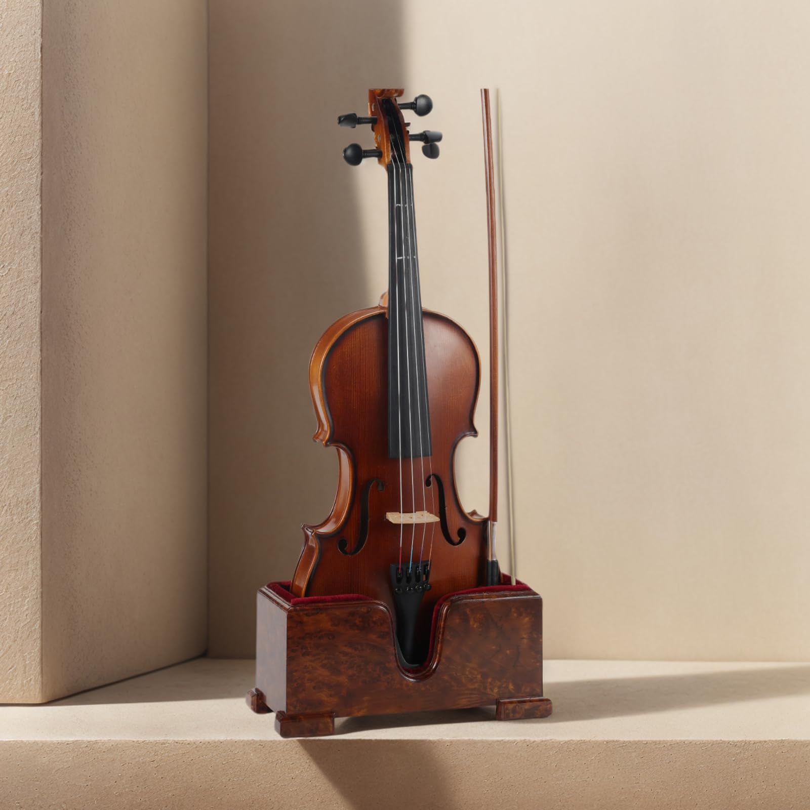 Soporte para violín y arco (soporte), soporte de madera para violín con protección de terciopelo, estética estable y elegante (madera de burl + terciopelo rojo)