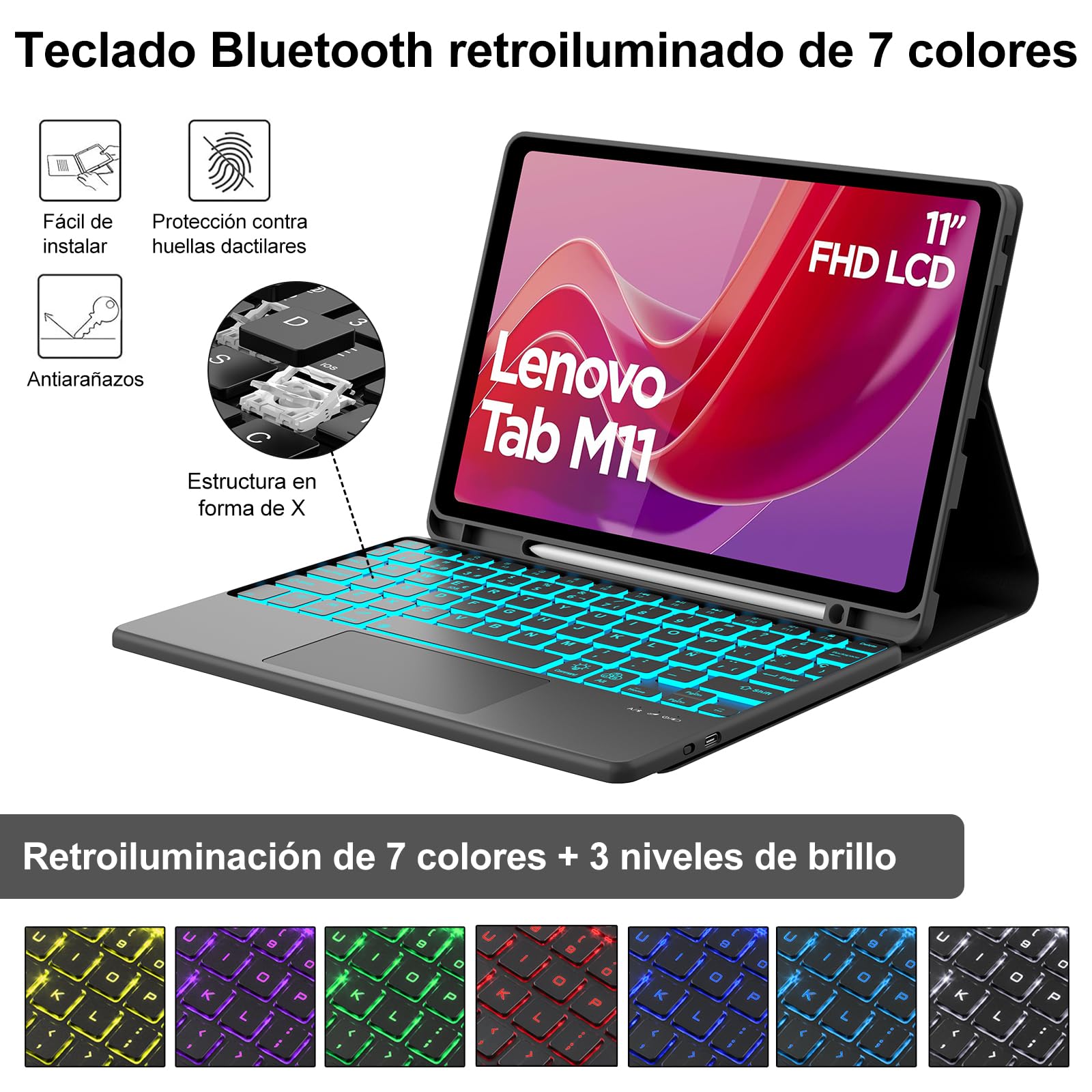 Teclado para Lenovo Tab M11 11" 2024 con Retroiluminado y Touchpad, Negro | Teclado Bluetooth Retroiluminado 7 colores Desmontable con Funda Delgada y Touchpad para Tablet Lenovo M11 TB330FU/TB330XU