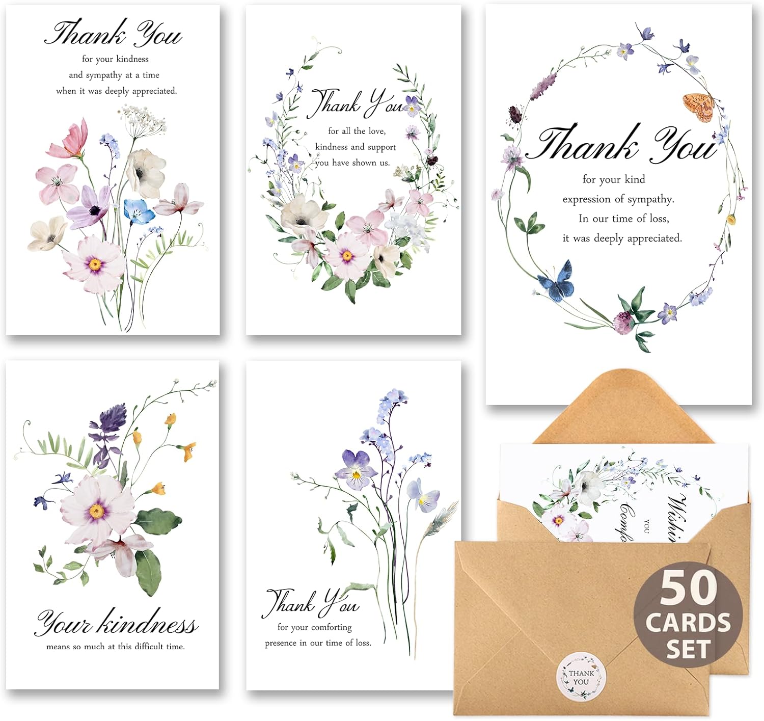 C2U Funeral Thank You Cards with Envelopes(100 Pack 4"x6"),Stickers & Message Inside - Wildflower Bereavement Sympathy Thank You Cards for Funeral Family Friends Loved Ones