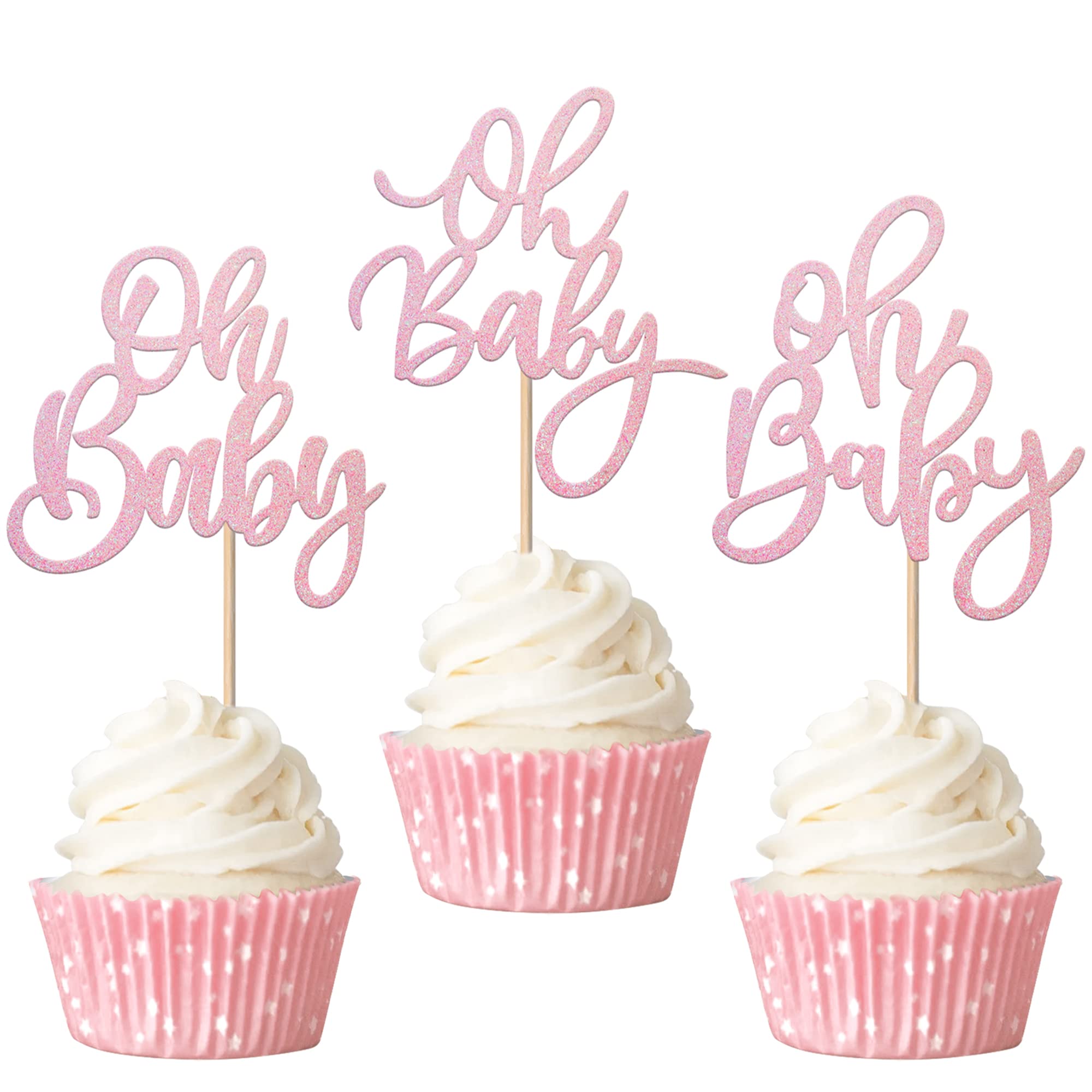 Rsstarxi 24 Pack Oh Baby Cupcake Toppers Pink Glitter Baby Shower Gender Reveal Cupcake Picks for Boy or Girl Theme Baby Shower Kids Birthday Party Cake Decorations