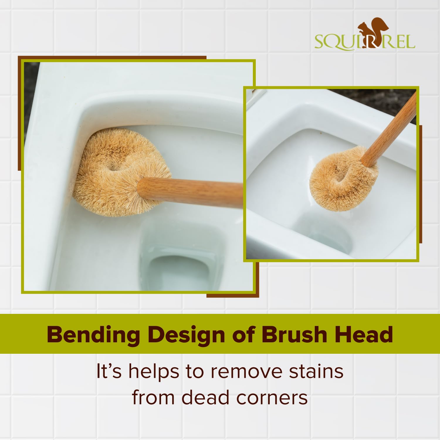Squirrel Toilet Brush with Natural Coconut Fiber Handle (Pack of 2), Eco-Friendly Wooden Handle Toilet Bowl Cleaner Brush, Full Circle Sustainable Toilet Cleaning Brush with Hanging Hook