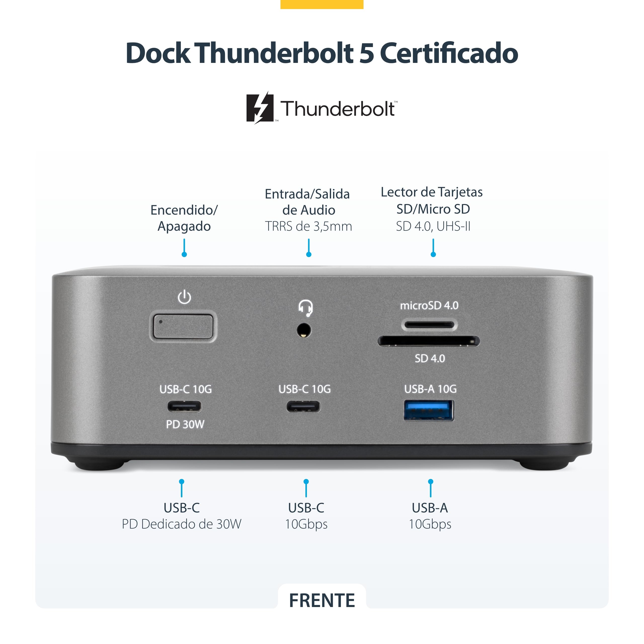 StarTech Dock Thunderbolt 5 USB4, 4K 144Hz Triple, 8K 60Hz Doble, 140W | 4K 144Hz triple u 8K 60Hz doble, Carga de móvil 30W, Ethernet de 2,5Gbps, Power Delivery 140W, Ranura SD 4.0 UHS-II