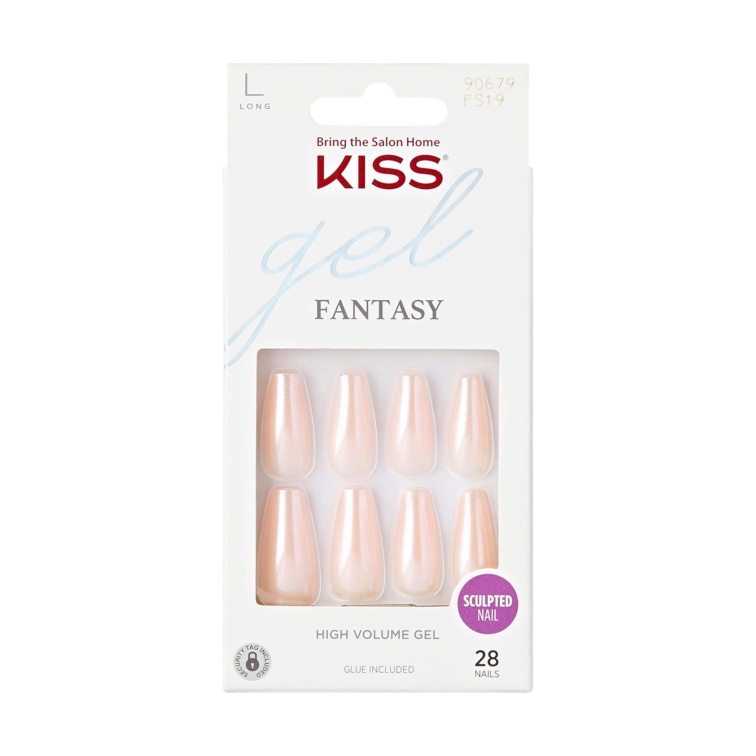 KISS Gel Fantasy, Press On Nails, Nail glue included, 'Hold Me Closer', Beige, Long Size, Coffin Shape, Includes 28 Nails, 2g glue, 1 Manicure Stick, 1 Mini File