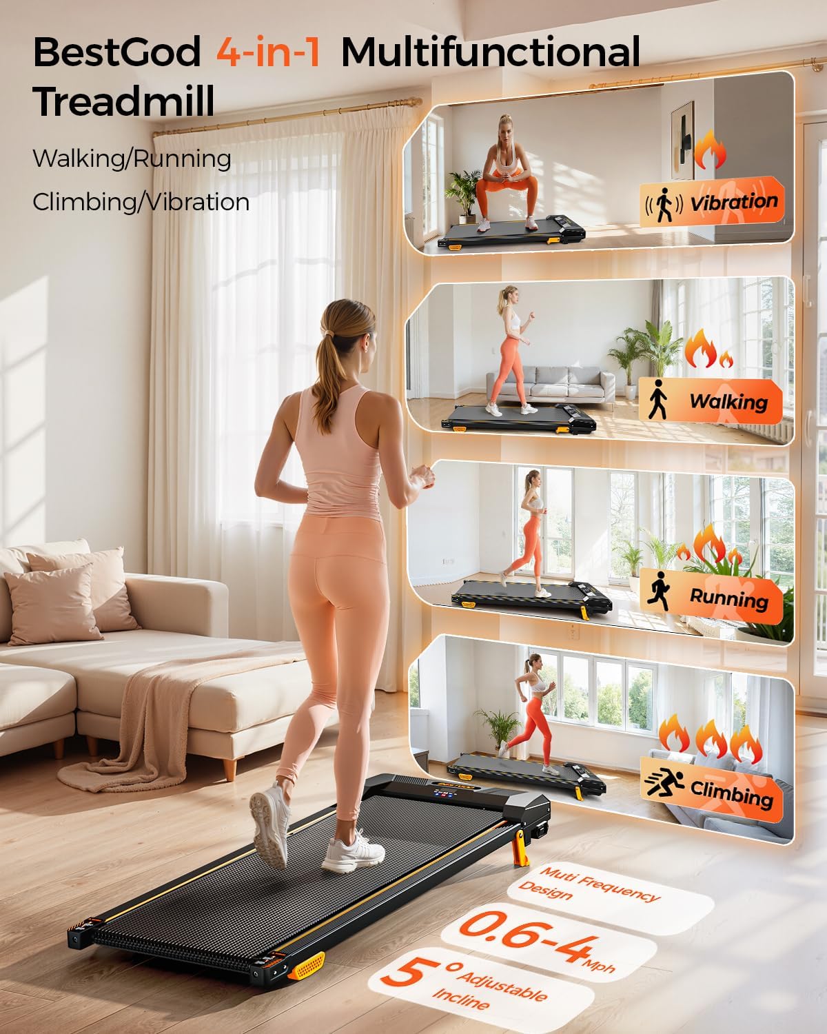 **similar to** Walking Pad Treadmill, BestGod Incline Under Desk Treadmill 330lbs Capacity, 2.5HP Portable Treadmills for Home, Compact Treadmills Mini Running Machine with Remote Control Black-Vibration