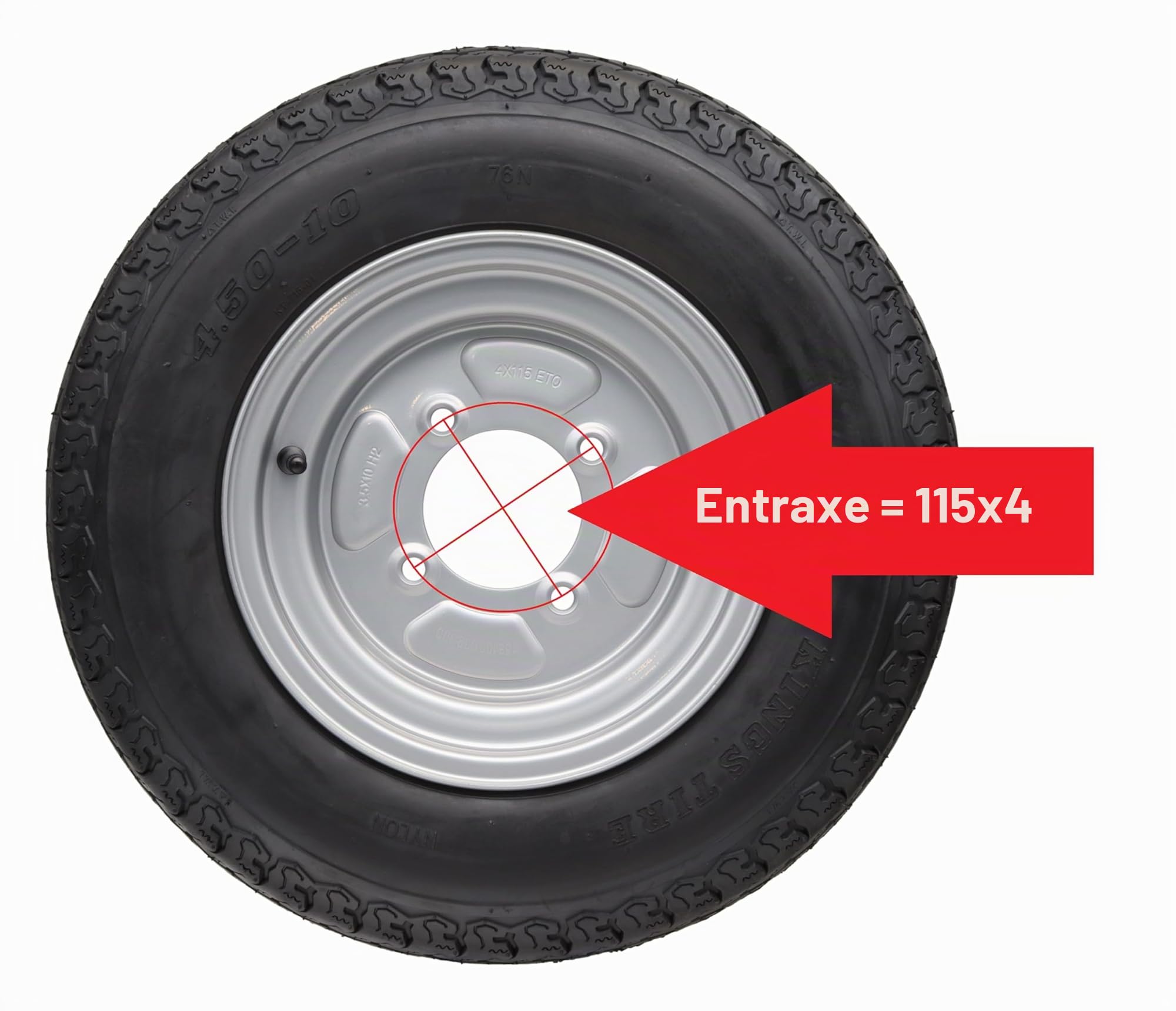 Roue complète pour remorque 4,50 10 400 kg Trou central 85 mm Cercle de boulonnage 4 x 115 Pneu cercle de boulonnage français 3,50 l x 10 H2 ET 0 (2x)