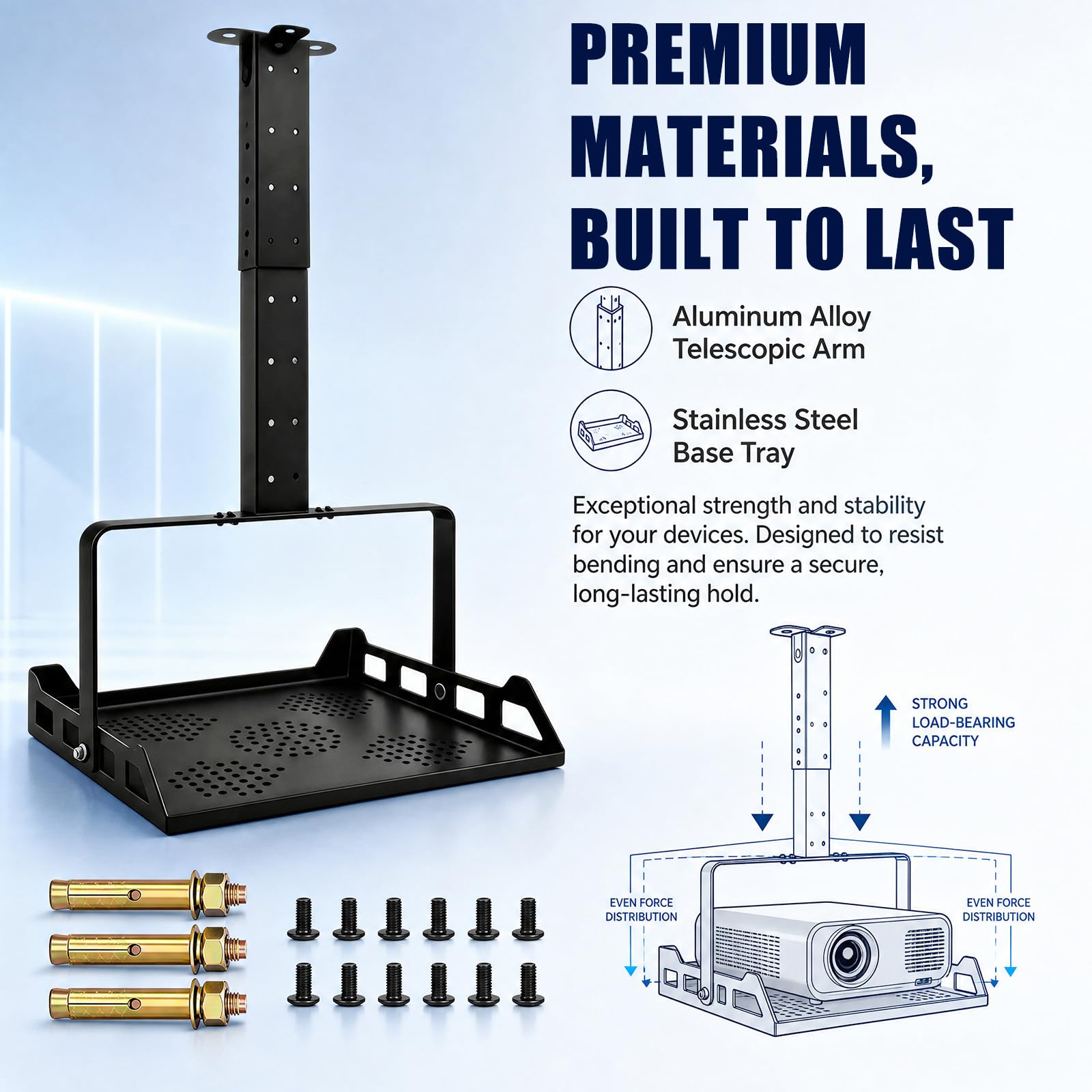 CEWROM Supporto da soffitto per proiettore, per home theatre e ufficio | Supporto per proiettore regolabile in altezza, supporto universale da parete, guida per cavi nascosta, portata fino a 10 kg