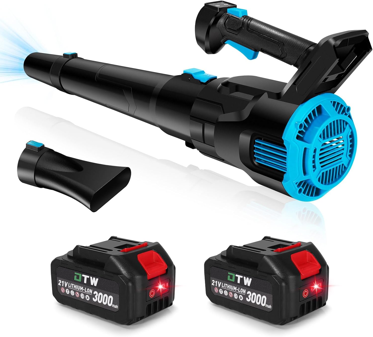 Leaf Blower Cordless - 21V Electric Leaf Blower with 2 Batteries and Charger, 3 Speed Modes&2 Blowing Nozzles, 6000mAh Battery Powered Mini Leaf Blowers for Lawn Care, Patio, Indoor Blue