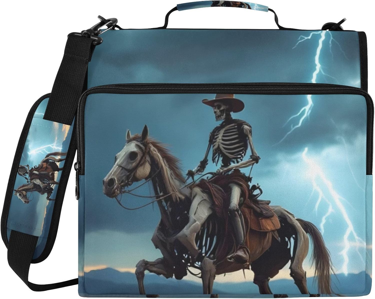 3 Ring Zipper Binder Bag-Wild Skeleton Cowboy with 14 Inch Laptop Sleeve, Water-Resistant Zippered File Organizer Briefcases with 500-Sheet Capacity