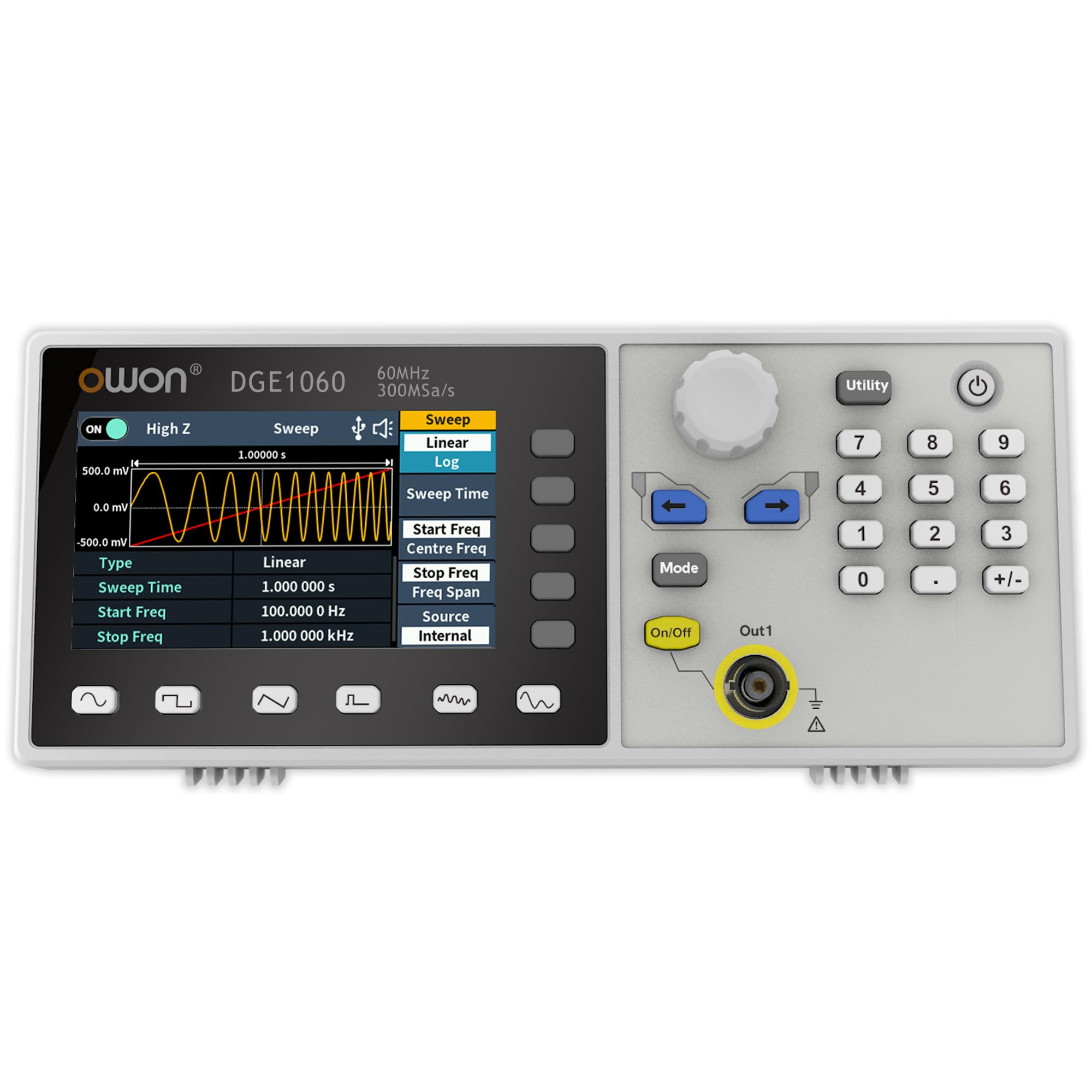 OWON DGE1060 Funktionsgenerator für präzise Signaltests und Entwicklung, 60 MHz, 300 MSa/s, 14 Bit, SCPI und PC-Steuerung