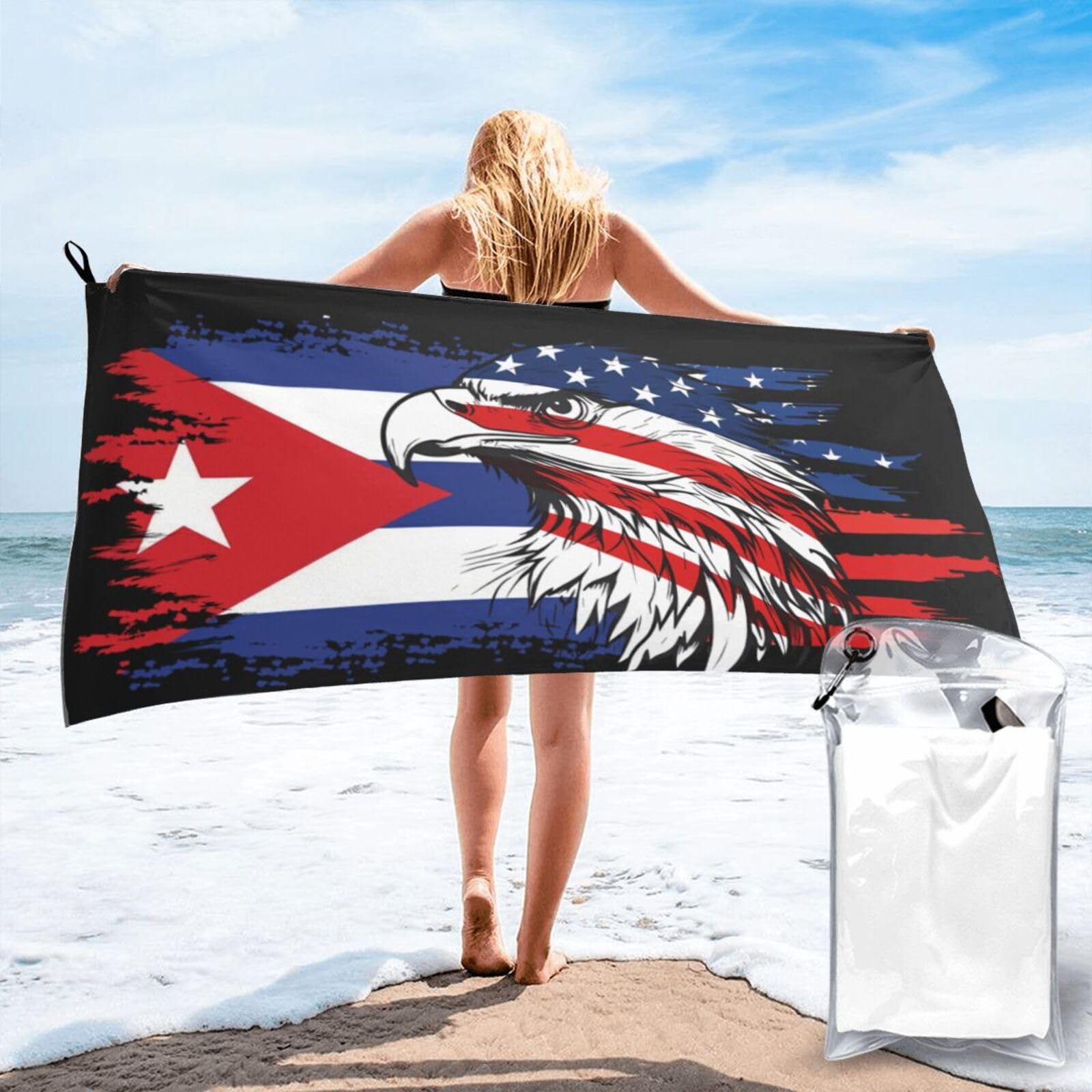 HACXZ America Flag and Cuba Flag Microfiber Beach Towel Lightweight Absorbent Travel Pool for Men Women 31.5"X63"