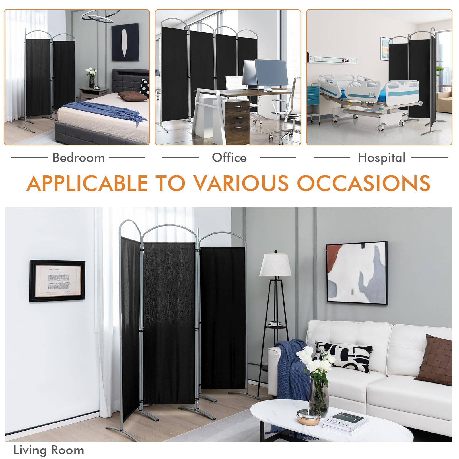 LIFEZEAL Biombo Divisor Plegable, Separador de 4 Paneles 188cm, Pantalla móvil, Pared divisoria, Marco metálico, Base Estable, Protege la intimidad para Interior y Exterior, Negro