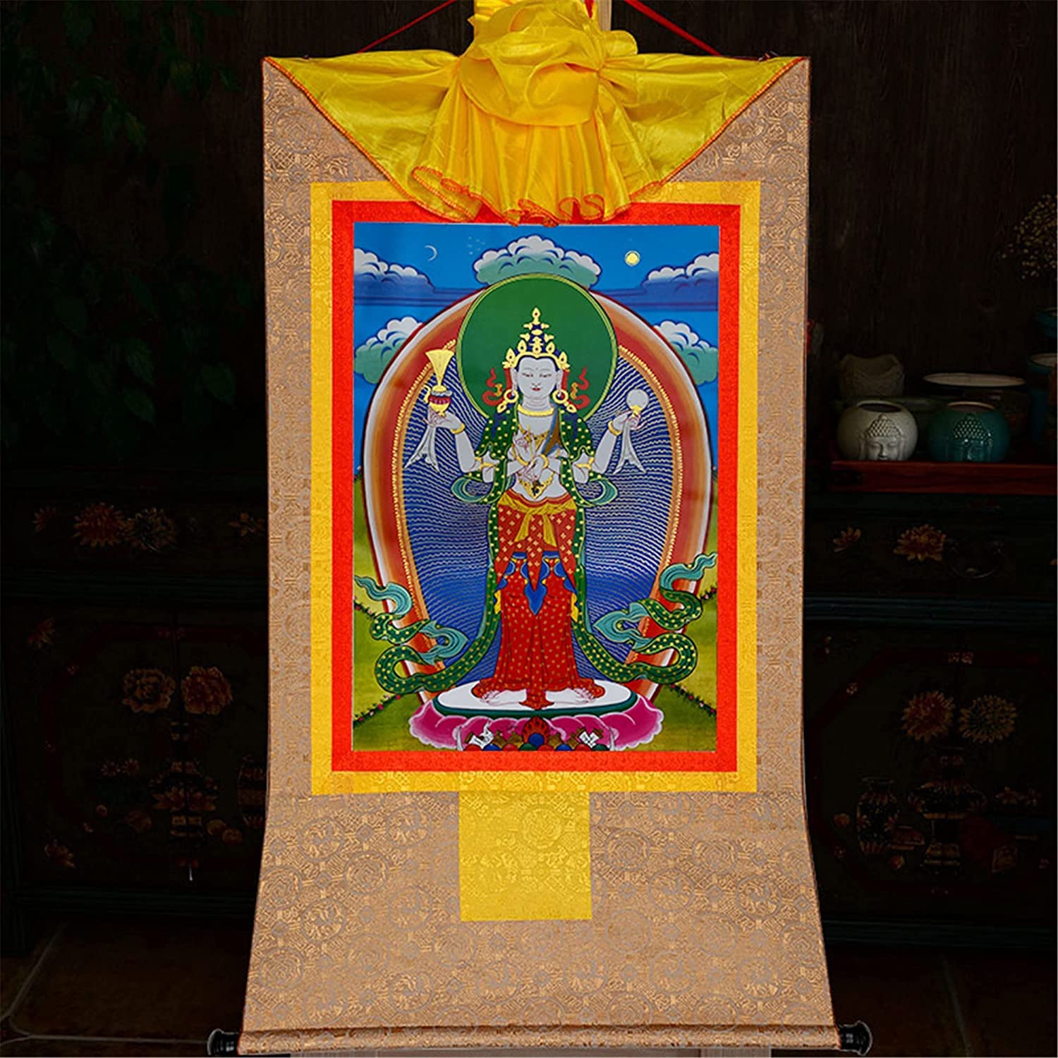 Element dekoracyjny. Czteroręki Awalokiteśwara, Padmapani, Czenrezig, Buddyjska Thangka Brocade(Beige,Small(35cm*27cm))