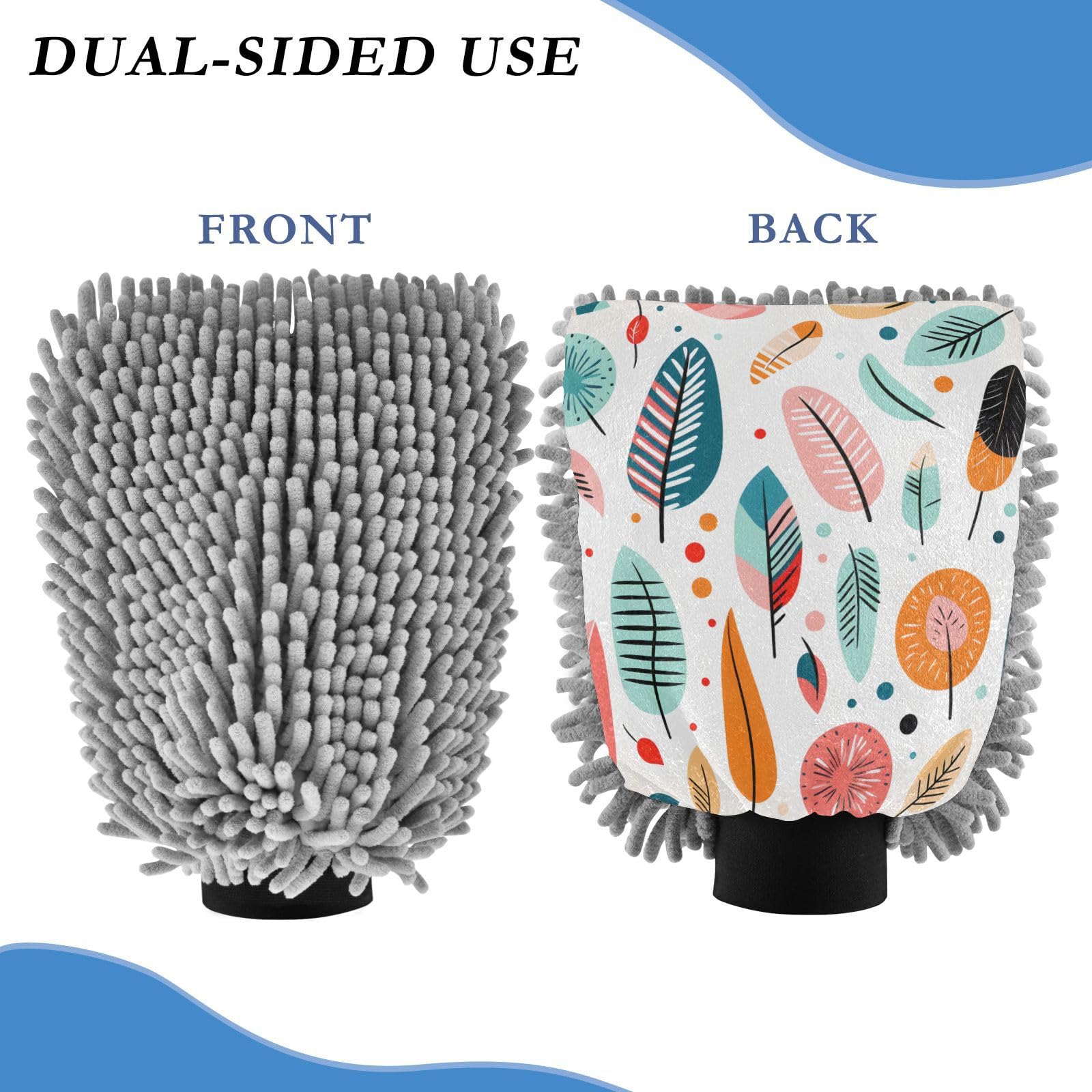 IOACIY Absorbent Microfiber Car Wash Drying Mitts, 2 Pack, Scratch-Free & Lint-Free, Rich Foam, Highly Absorbent, Double Sided, Wash Mitt Perfect for Car Washing, M, Cute Illustration Feather