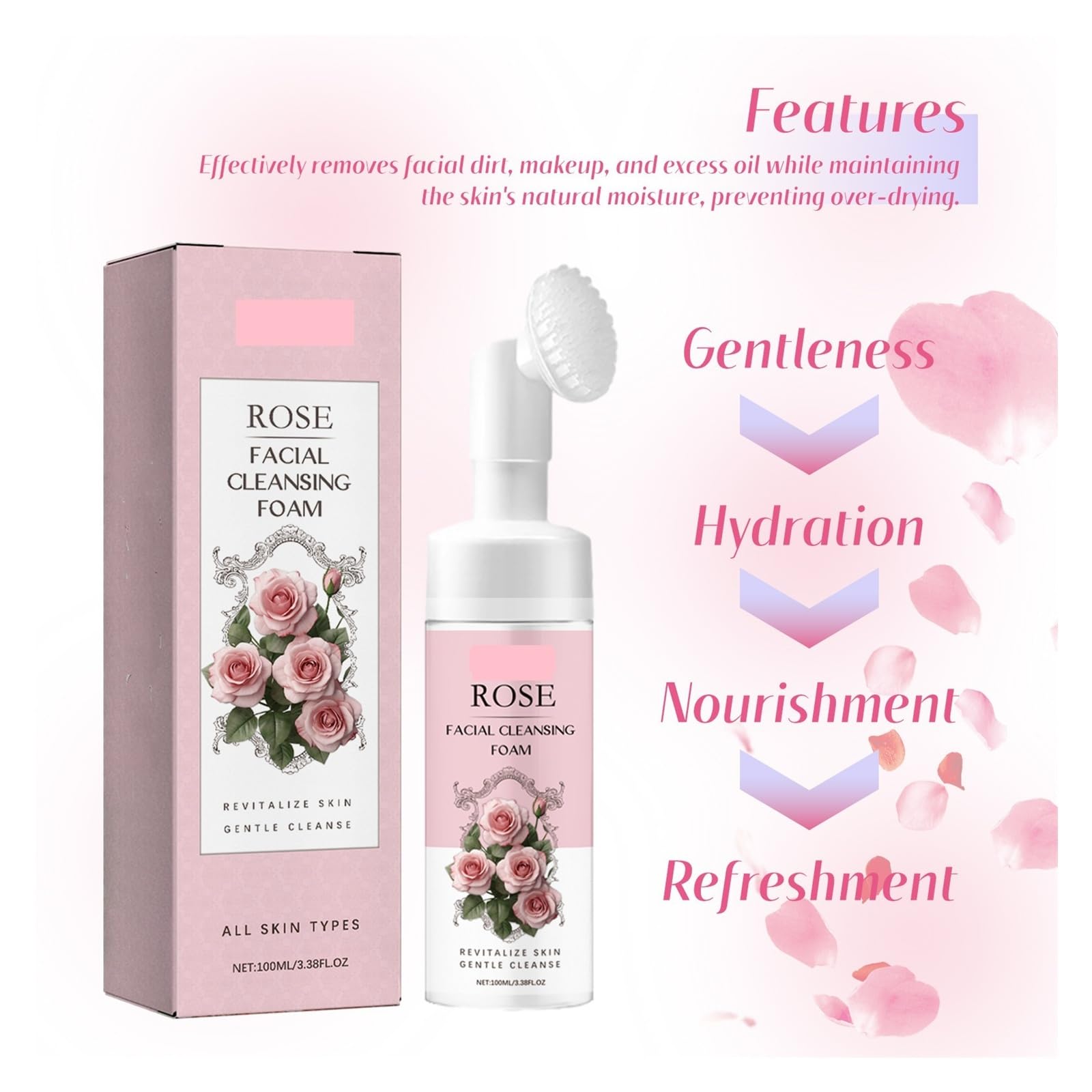 Detergente schiumogeno alla rosa 100 ml | Controlla l'olio, pulisce i pori, rinfresca e idrata(3pcs)