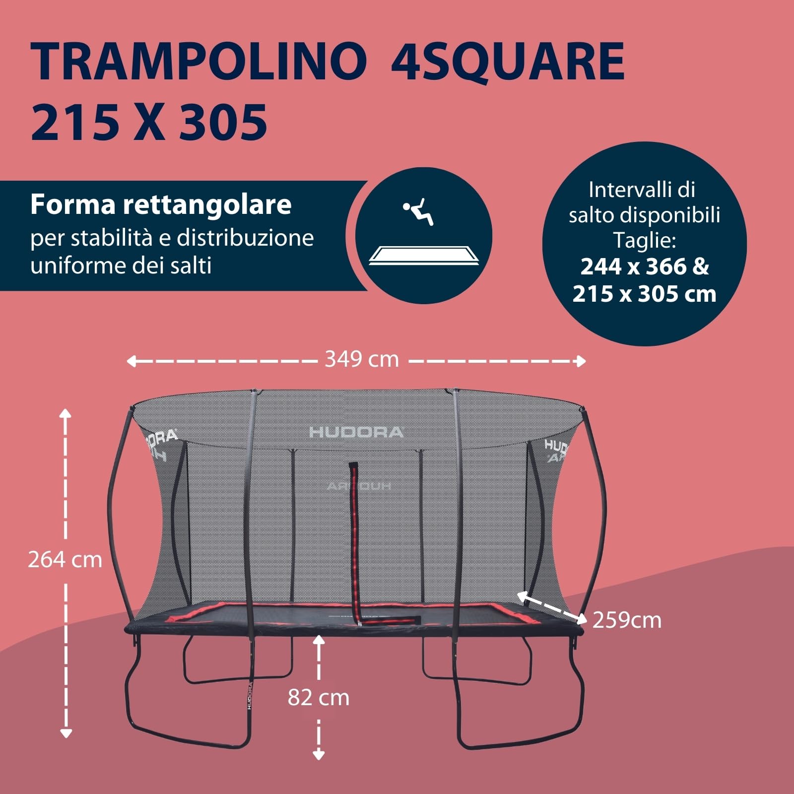 HUDORA trampolino 4square - 244x366/215x305cm grande, rettangolare per esterni - Trampolino sportivo rettangolare fino a 120kg - Trampolino per famiglie con rimbalzo elevato - Trampolino di qualità