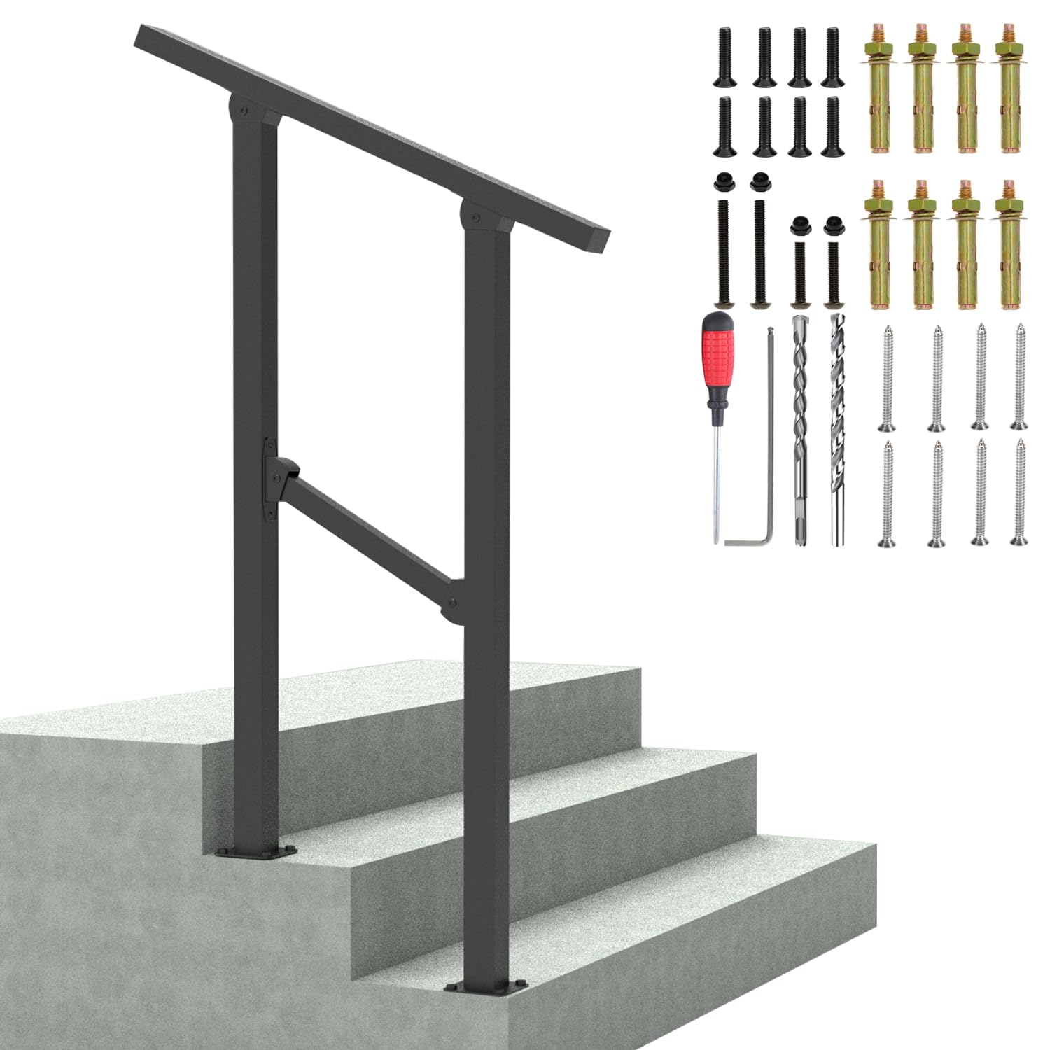 2-3 Step Stair Handrails for Outdoor & Indoor, Wrought Mattle Iron Hand Rails Kit, Stair Railings for Outdoor Step, Porch Step, Concrete Step, Brick Step and Mixed Step