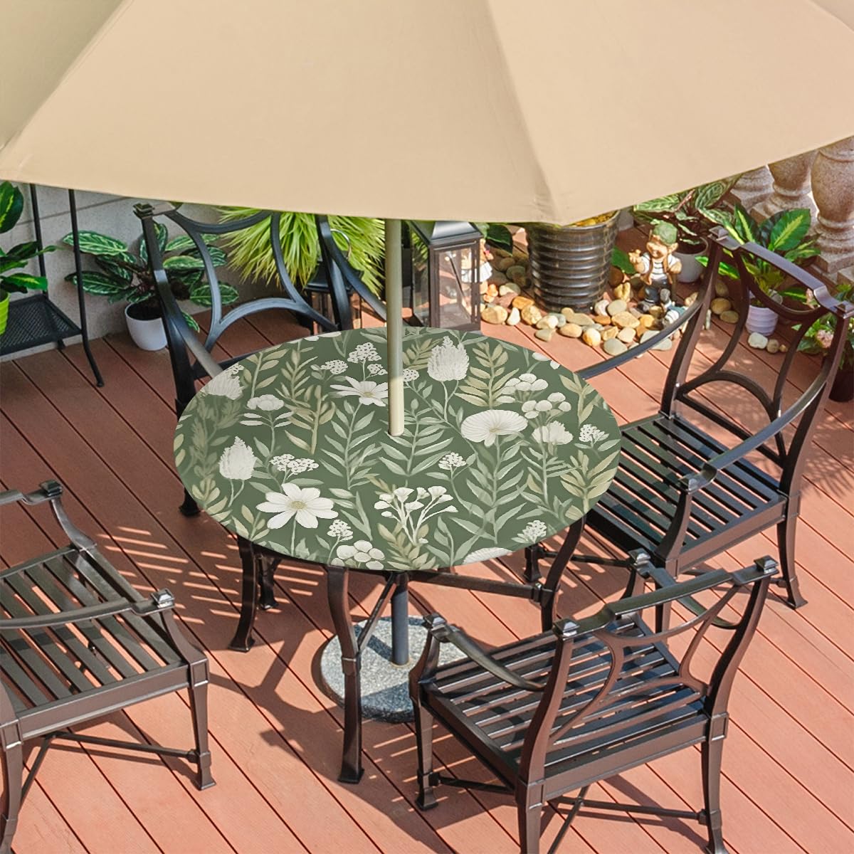 Nappe ronde avec trou pour parasol et fermeture éclair à essuyer facilement avec bords élastiques - Protection de table pour extérieur, jardin, patio, barbecue (Fleur verte en forme de feuille