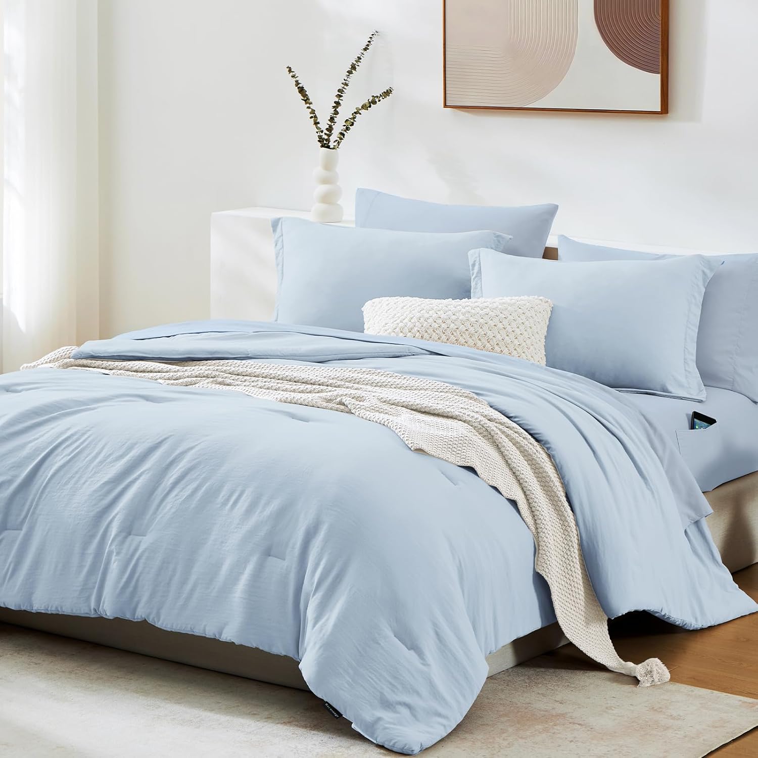 Full Size Comforter Sets-7 Pieces Ultra Soft Bed in a Bag Full Bedding Sets | Prewashed All Season Comforter with Sheets, Pillow Shams & Pillowcases, Ice Blue thumbnail