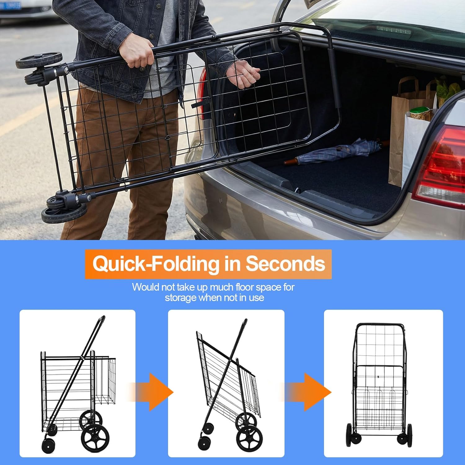 Folding Shopping Cart with Waterproof Liner & 360° Swivel Wheels | Collapsible Grocery Cart for Easy Transport, Ideal for Laundry, Shopping, and Travel – 132 LBS Capacity