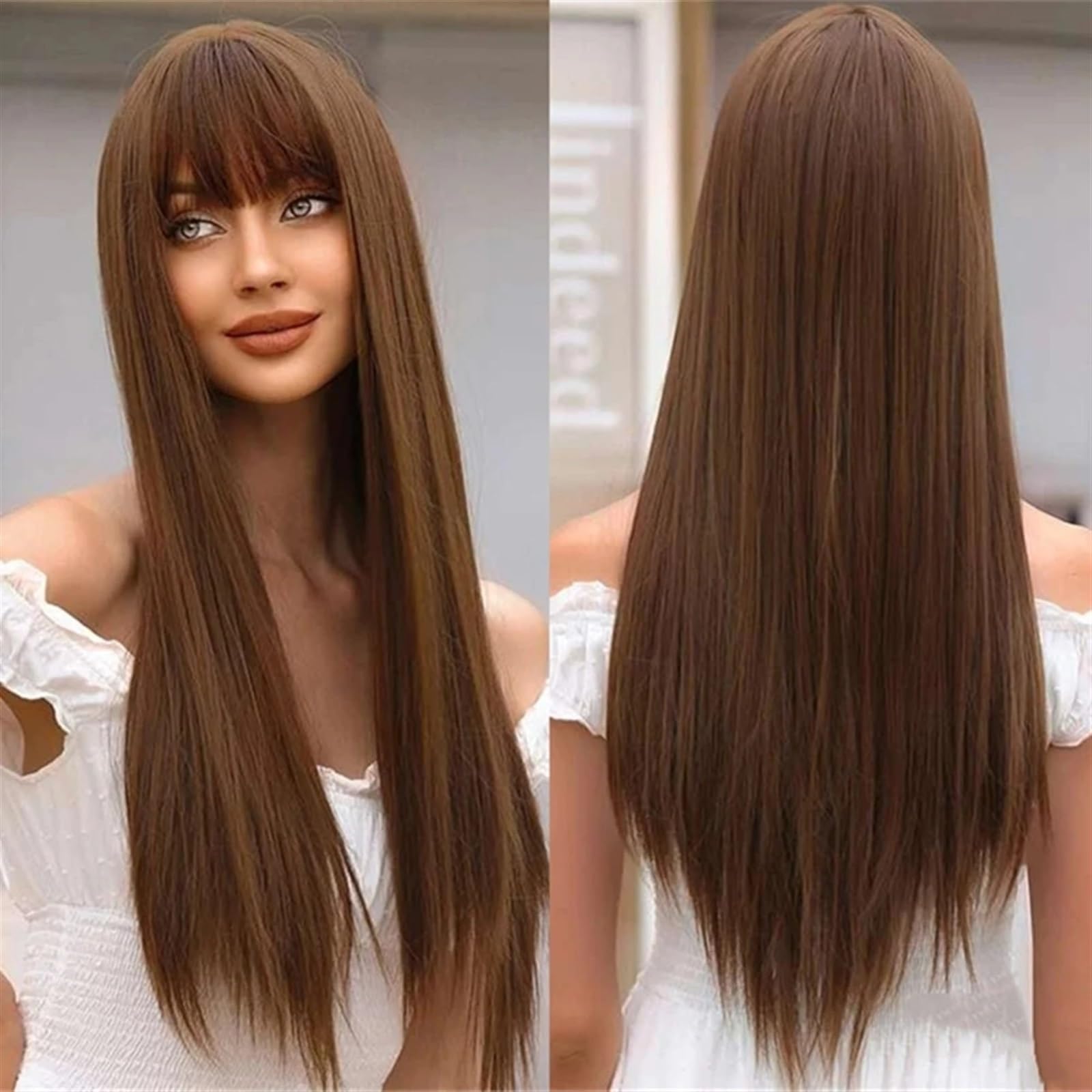 Toppery do włosów Długie Syntetyczne Zimnobrązowe Peruki z grzywką Jasna Kawowa Prosta Sztuczne włosy Peruka Naturalne Codzienny Cosplay Impreza Włókno termoodporne