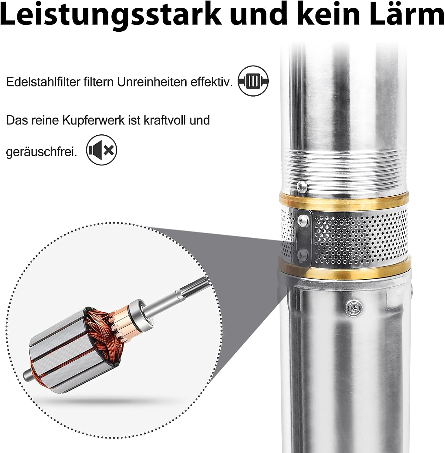 Close-up of the pump's stainless steel filter and copper motor, emphasizing its powerful and quiet operation.