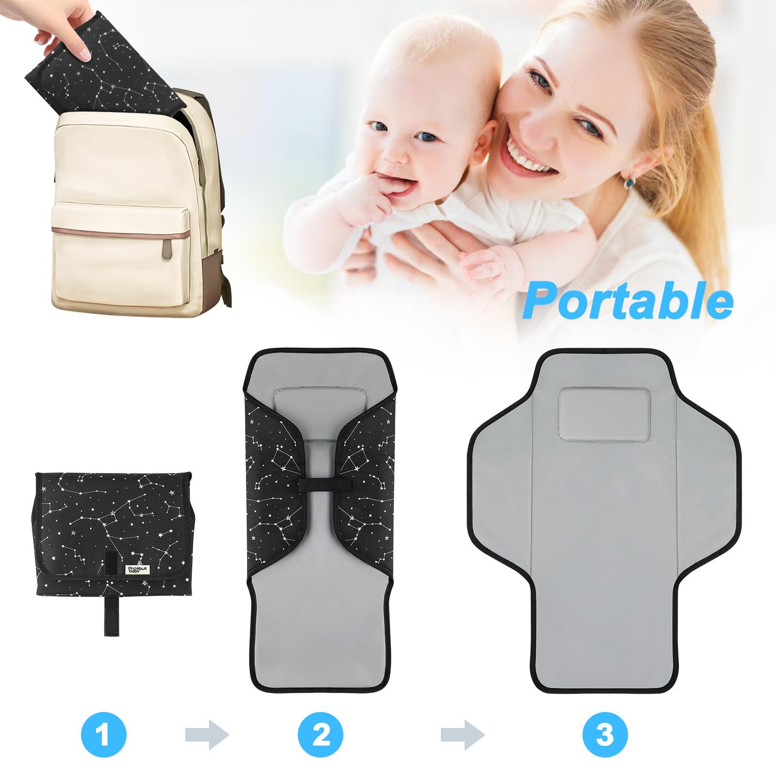 Cambiador portátil de viaje – Cambiador de pañales compacto impermeable con almohada integrada – Cambiador ligero y plegable, regalos de ducha para recién nacidos, estrella