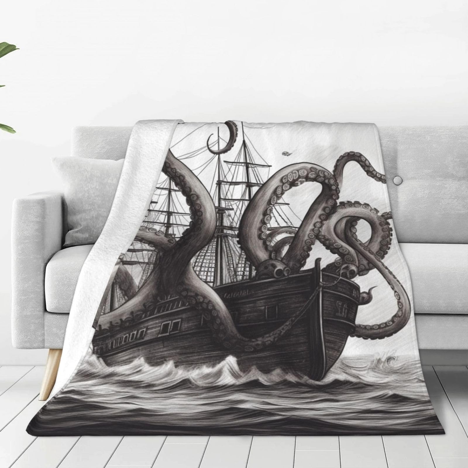 Black and White Octopus and Ship Throw Blanket 60"x50" Flannel Fluffy Warm Blanket for Couch, Reversible Plush Blankets for Bed, Comfy Fuzzy Blanket for Sofa, Plush Lightweight-Blankets for All Season