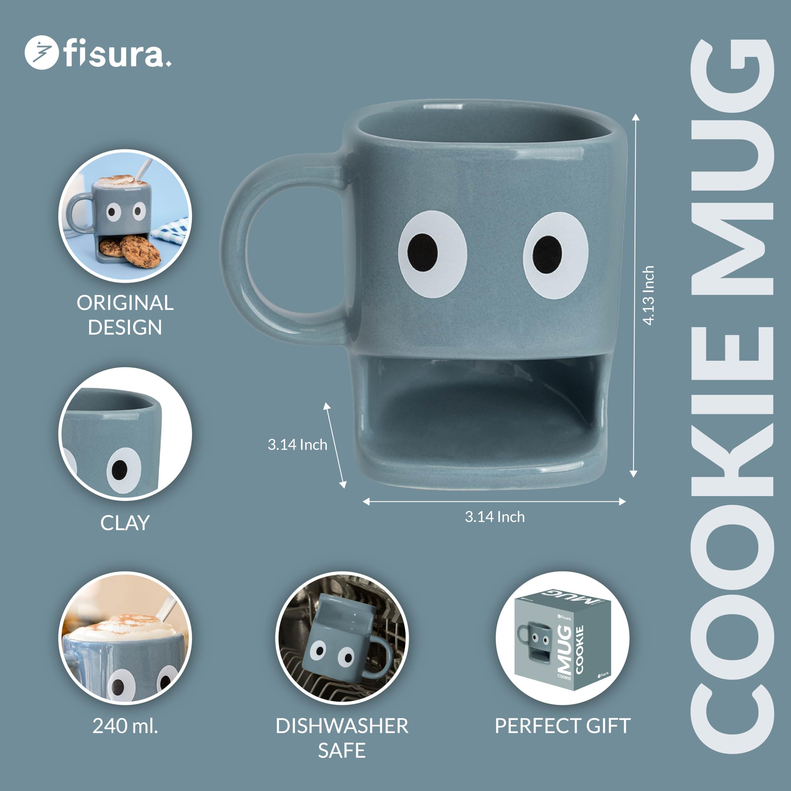 Fisura, Original Coffee Mugs with Biscuit Compartment, Blue Ceramic Tea Mug with Stylish Design, Cappuccino Coffee Caps - Image 2