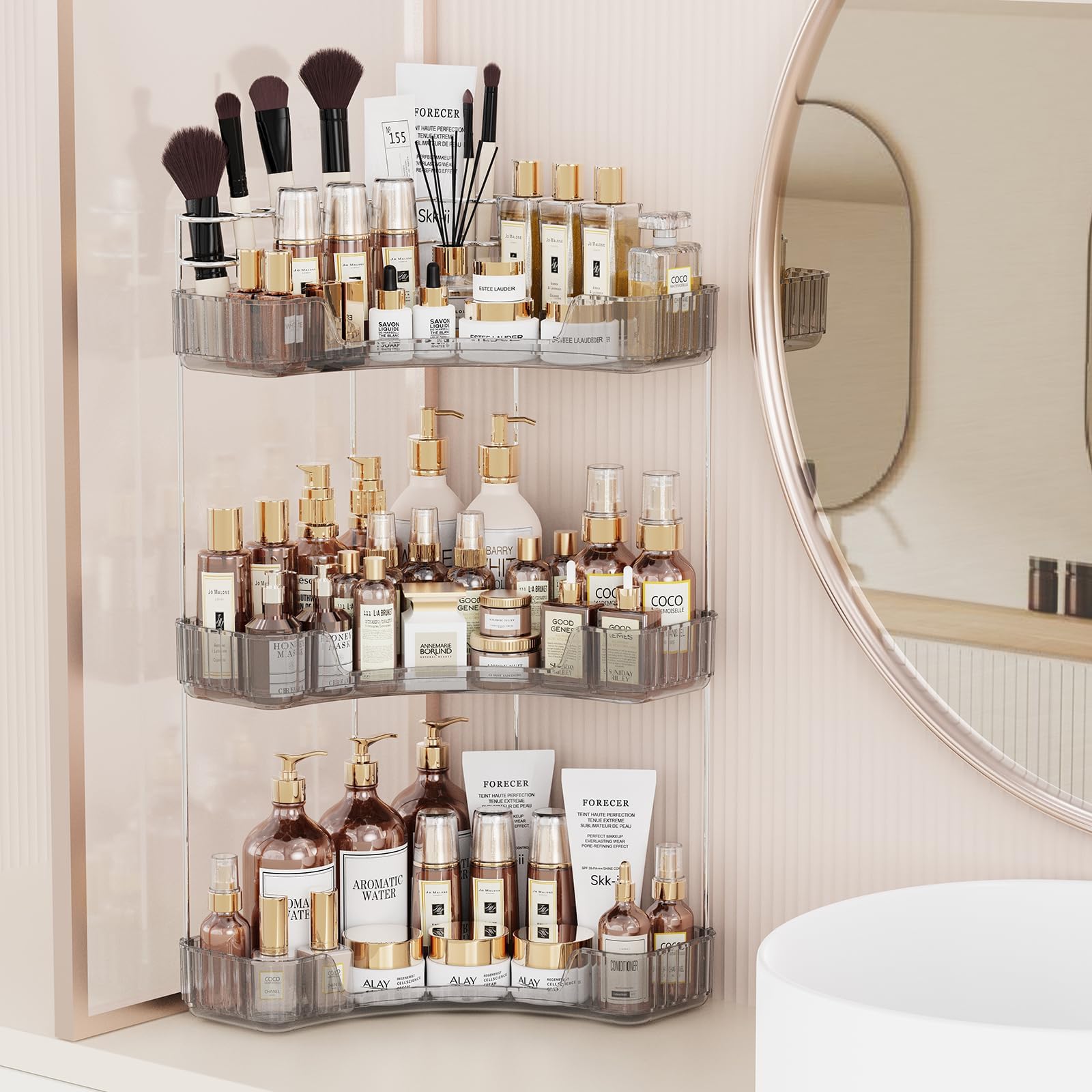 Asayuee 3-Tier Corner Bathroom Counter Organizer with Top Toothbrush Holders,Large Makeup Organizer Countertop with Brush Holder,Skincare Organizers Corner,Exquisite Vanity Organizer (Gray, 3 Tier)