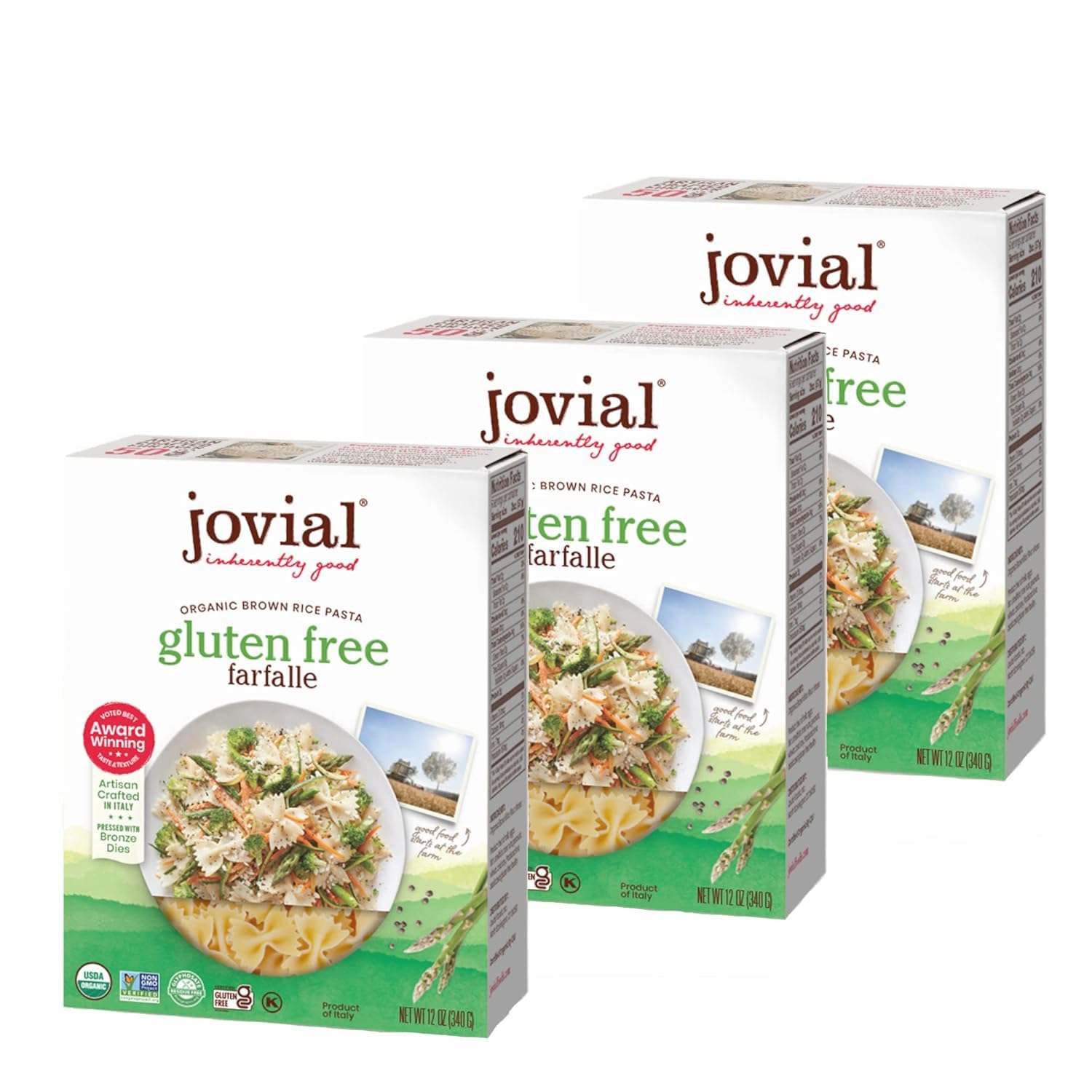 Jovial Whole Grain Brown Rice Farfalle Pasta - Whole Grain Brown Rice Pasta, Organic, Gluten Free, Dairy Free, Made in Italy - 12 Oz, 3 Pack