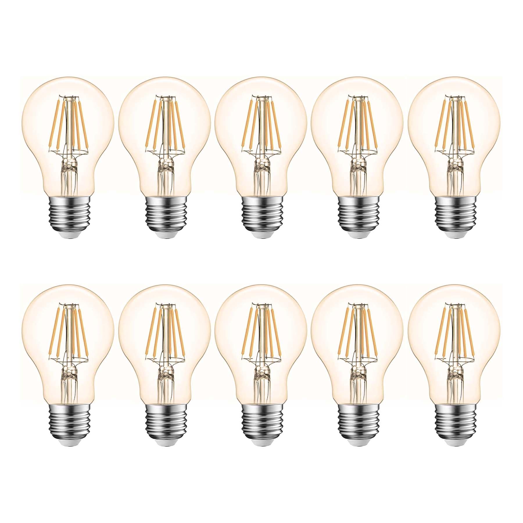 G.W.S® LED Filament Bulb, GLS A60 E27 Edison Screw, LED Globe Bulb, 8W Dimmable Warm White 2700K, Amber Glass, Pack of 10