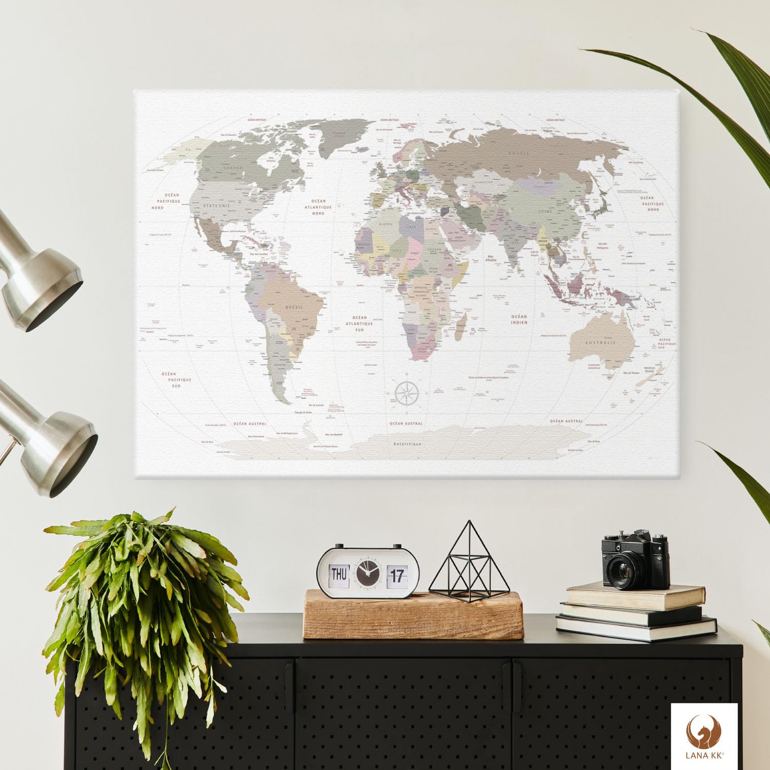 Weltkarte-Pinnwand als Leinwandbild zum pinnen der Reisen - World Map White - französisch - Landkarten-Wandbild Globus in weiss, 60 x 40 cm