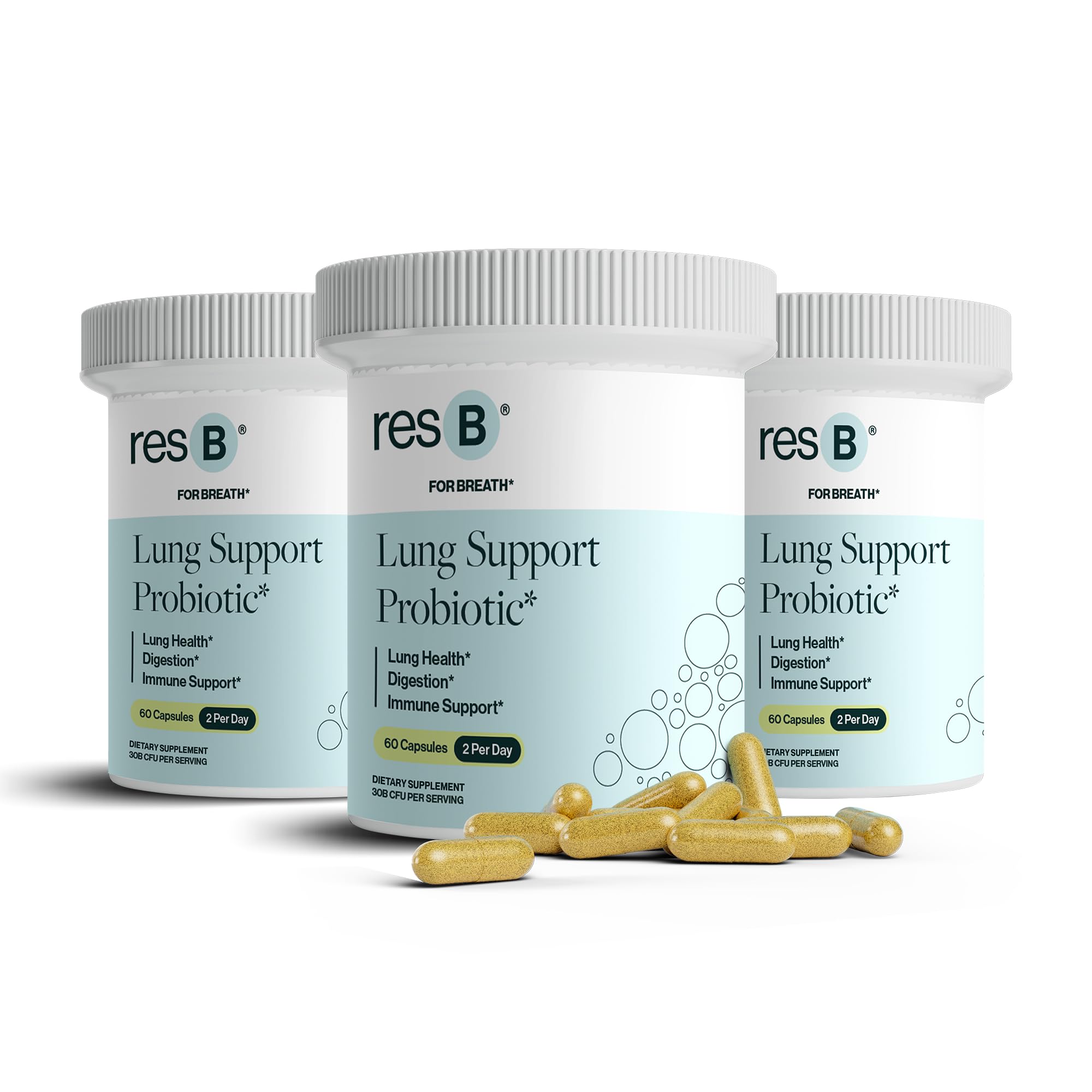 resbiotic resB Lung Support Probiotic Supplement - Lung Health Supplement for Smokers, Gut Health, Immune Support, Respiratory Care, Holy Basil, Turmeric, Clinically Trialed - 180 Capsules (3 Bottles)