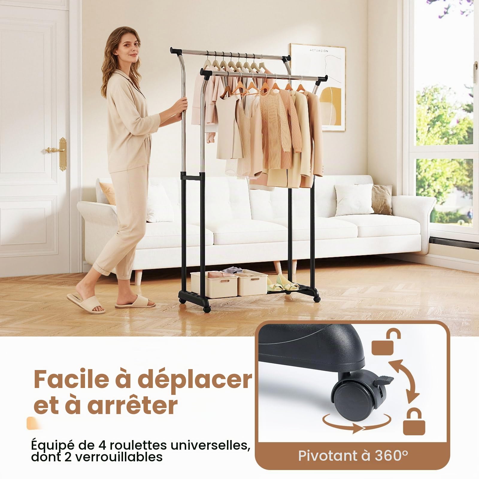 GIANTEX Portant a Vetements Double Tringle, Porte-vetements Portable avec Hauteur Réglable et Roulettes, Portant en Métal Robuste avec Roulettes pour Chambre, Buanderie, Vestiaire