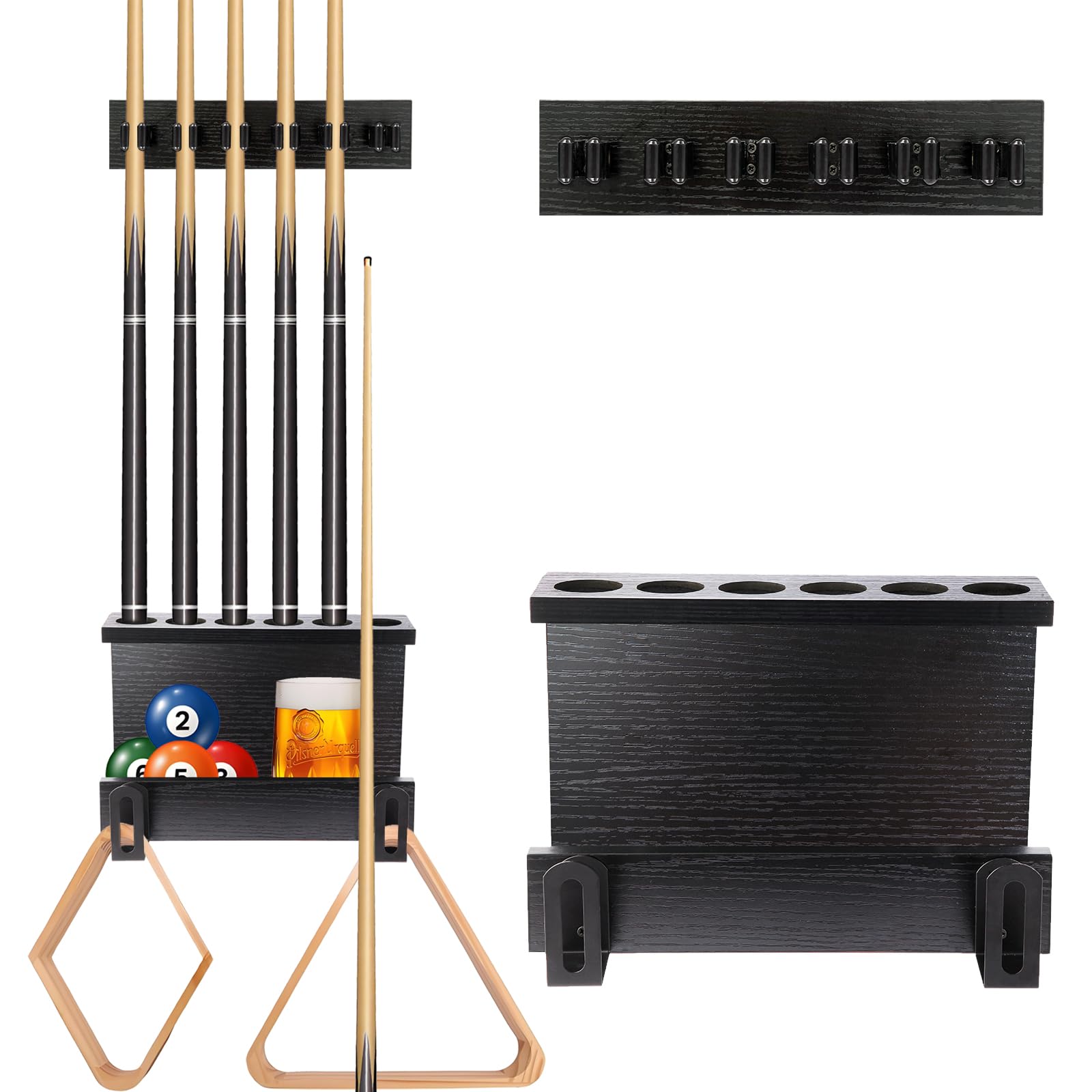 Support mural pour queues de billard, porte-queues 6 queues, bois dur, noir