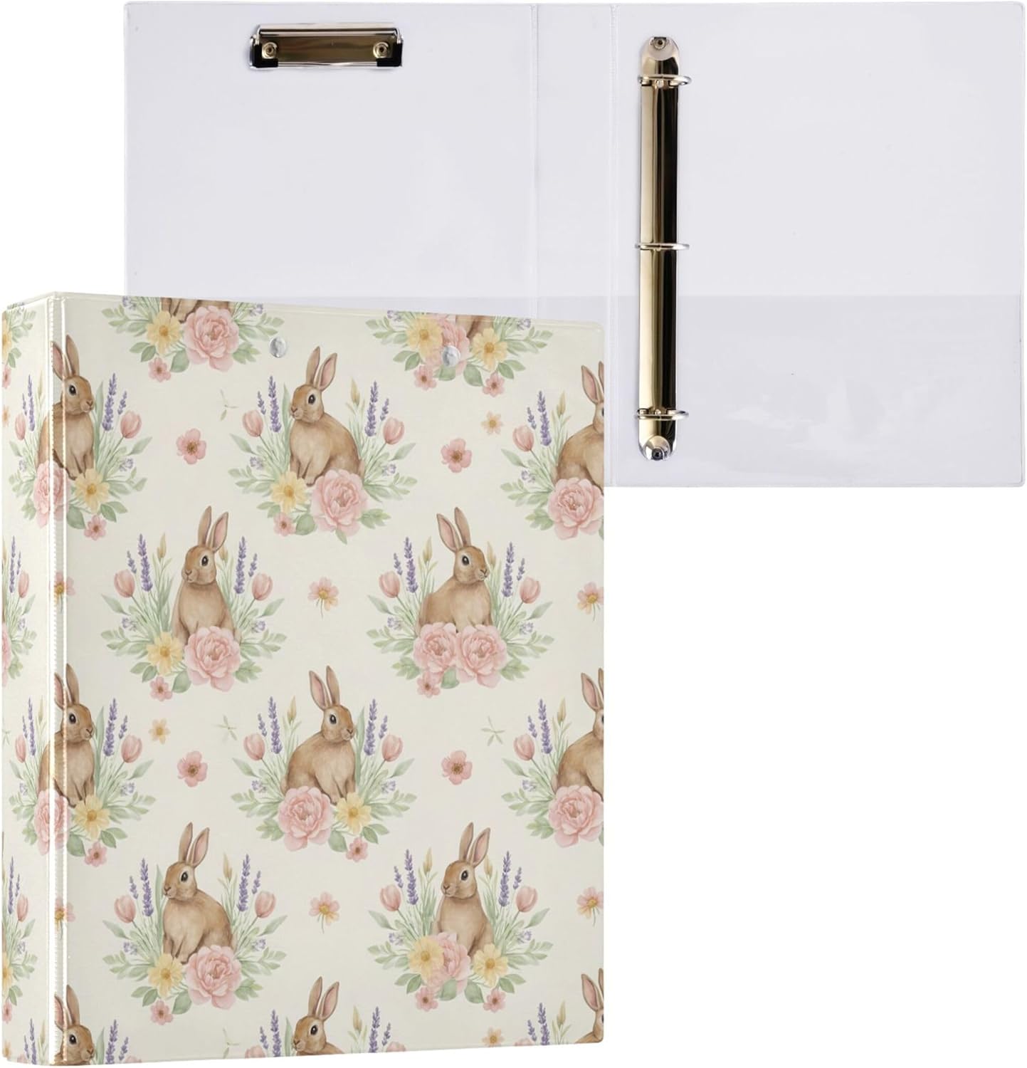 Easter Bunny Flowers 3 Ring Binders, 1.5” Round Ring Binders with Clipboard - Letter Size, 3 Interior PVC Clear Pockets & Anti-Slip Clip for Office School Supplies, 2PCS