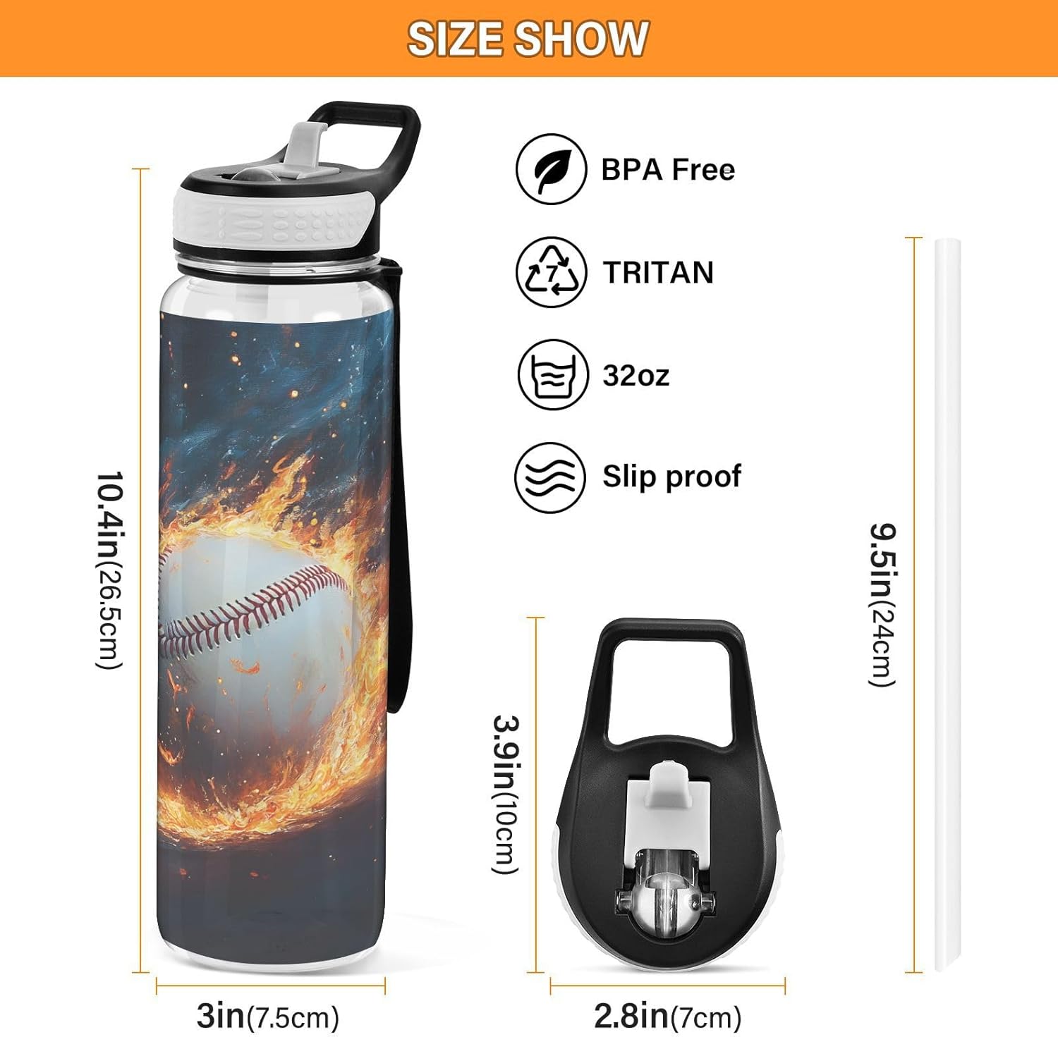 ALAZA Baseball Water Bottle with Straw,Leakproof Tritan Clear Sports Water Bottle Baseball Kids Water Bottle for School Outdoor Sports Drinking,32 oz