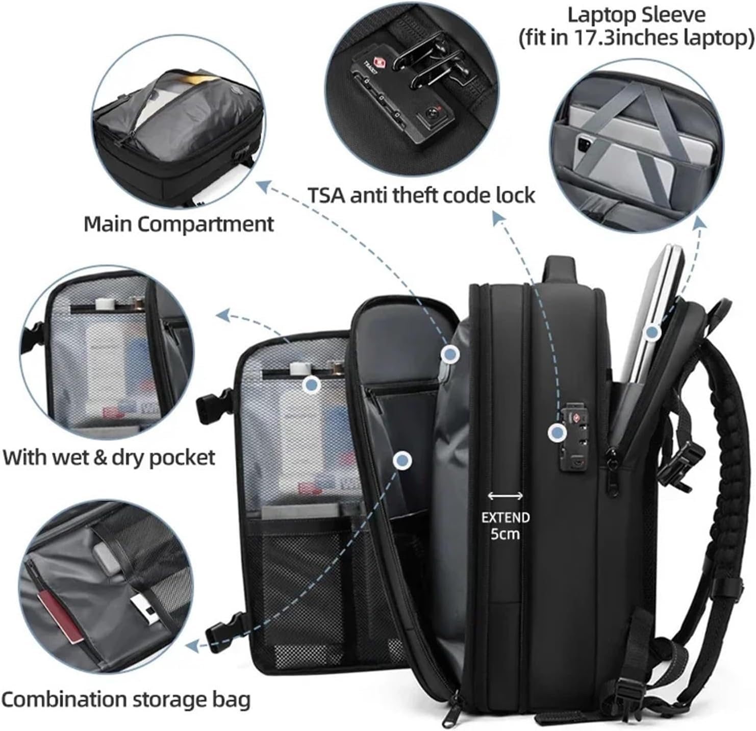 Zaino a compressione da viaggio con grande capacità per laptop fino a 17 pollici, ideale per scuola, lavoro e uso casual