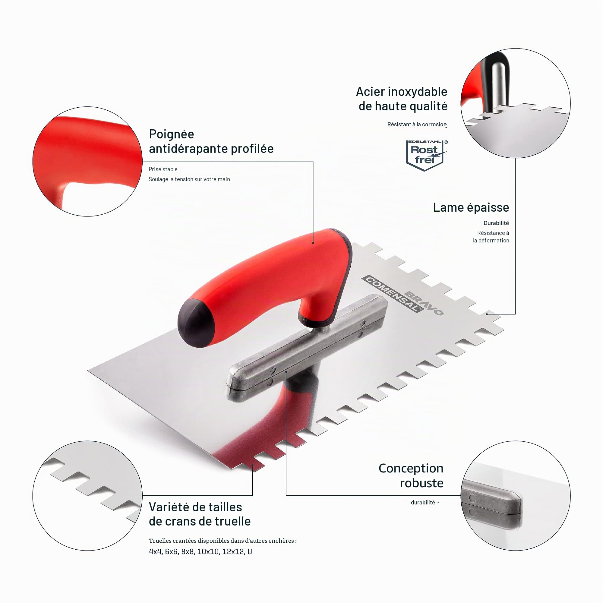 COMENSAL Truelle de Dentée - Taloche pour Colle en Acier Inoxydable - Crantée Outil de Tuile - Made in EU - Dent 4x4 mm