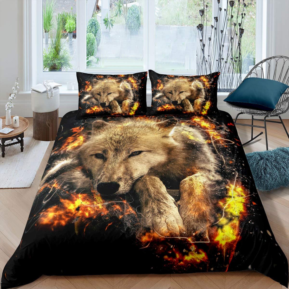 Housse de couette loup feu pour chambre enfant thème safari sauvage