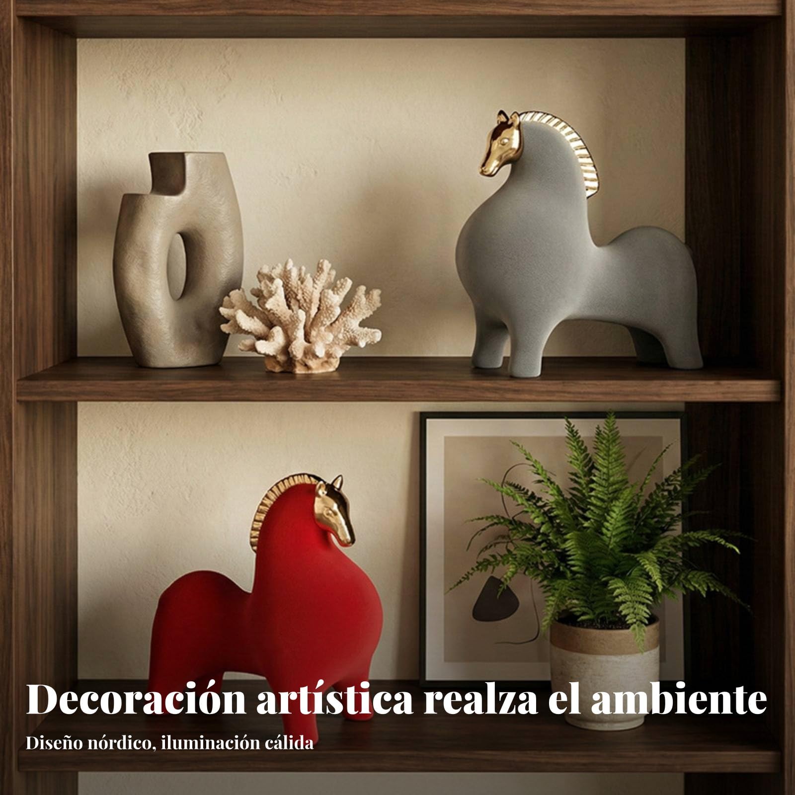 Figura de Resina Caballo Escultura Ornamento Decorativo Estatua Moderna con Superficie Flocked Textura Suave Detalles Artesanales Cabeza Dorada, Gris, Size to 2