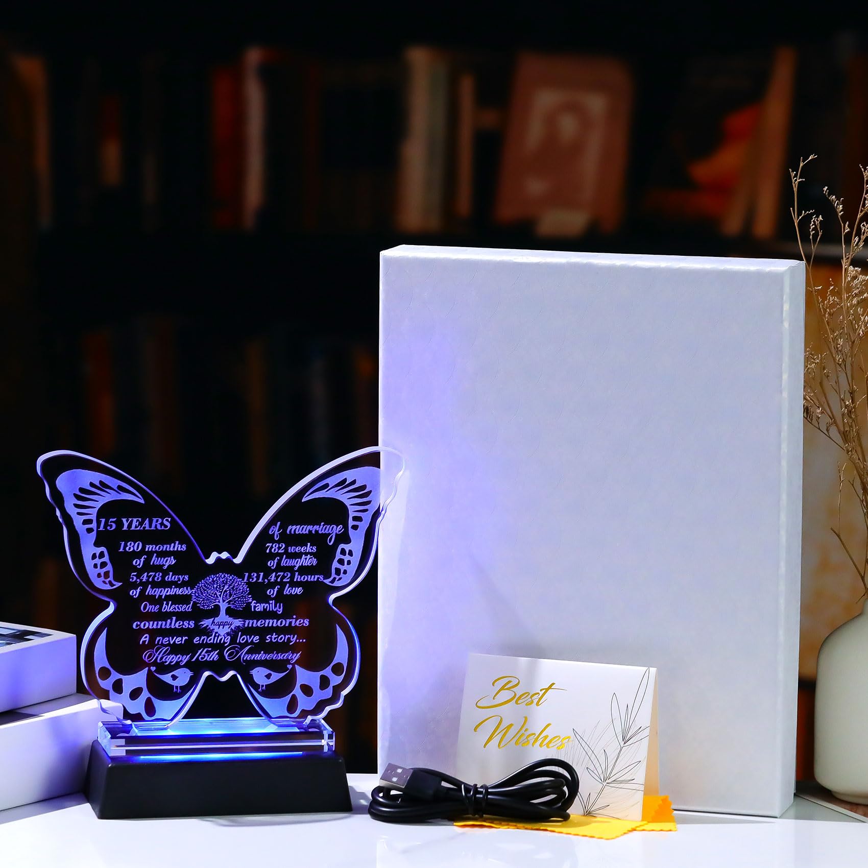 Ornalrist Happy 15th Wedding Anniversary Romantic Gifts for Couples Wife 13.6cm Glass Butterfly-shaped 15 Years of Marriage Keepsake with LED Base Ideas Presents for Friends Daughter - Image 4