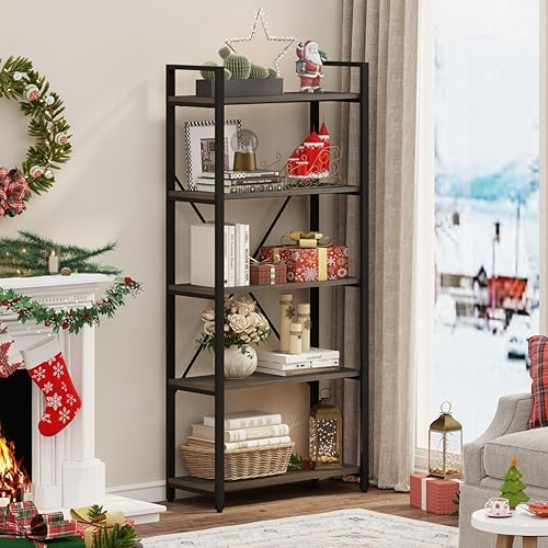 Miniatura 8 de FATORRI Estantería industrial de 5 niveles estantería abierta rústica para exhibición estantería de madera oscura y metal y estantes altos para