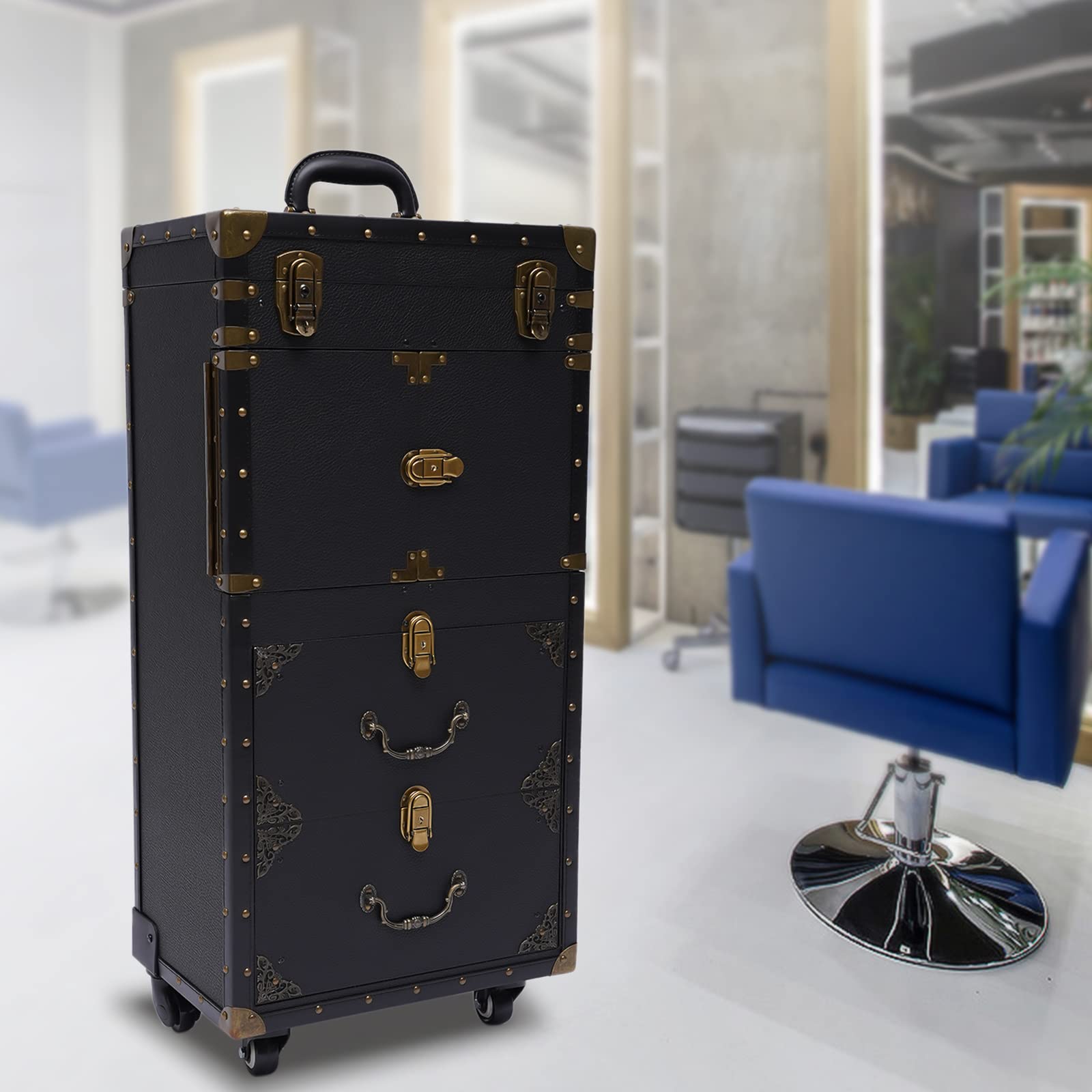 Valise à roulettes rétro avec verrouillage par mot de passe, chariot de coiffure, de beauté, valise à roulettes avec support pour sèche-cheveux et 4 compartiments de rangement