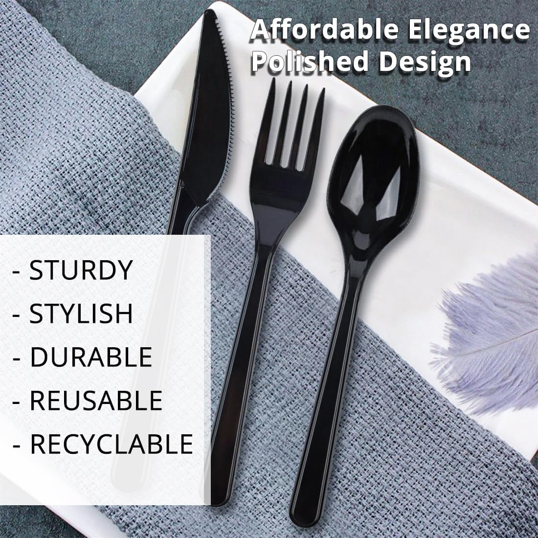 Set di posate di lusso da 150 pezzi, 5 g, riutilizzabili, lavabili in lavastoviglie, 50 forchette, 50 coltelli, 50 cucchiai, colore nero/bianco/trasparente (nero)